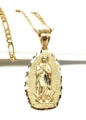 10k Solid Gold Classic Virrgin Mary Pendant Necklace Virrgen Gaudalupe Chain (MED, SM,XS)