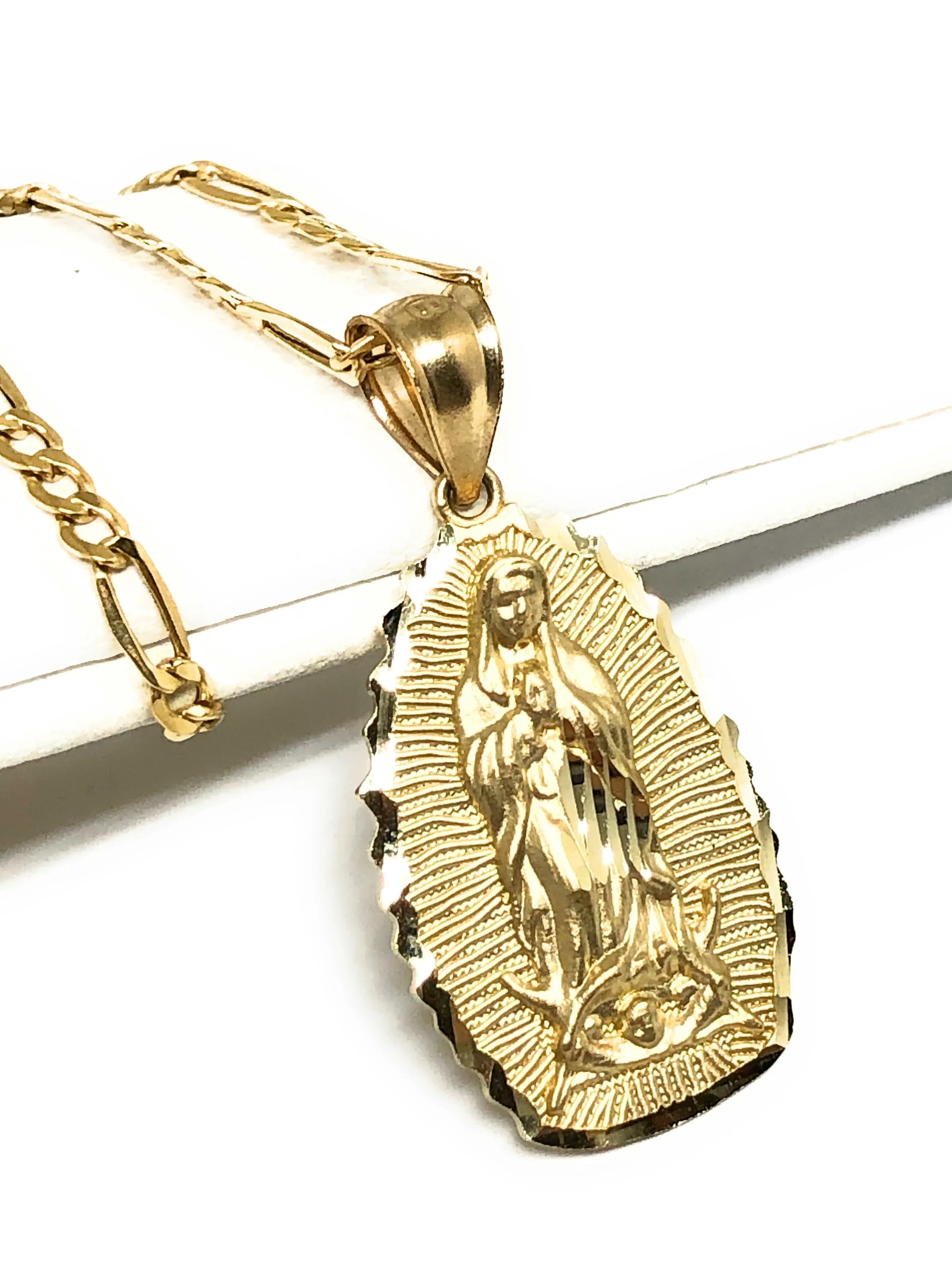 10k Solid Gold Classic Virrgin Mary Pendant Necklace Virrgen Gaudalupe Chain (MED, SM,XS)