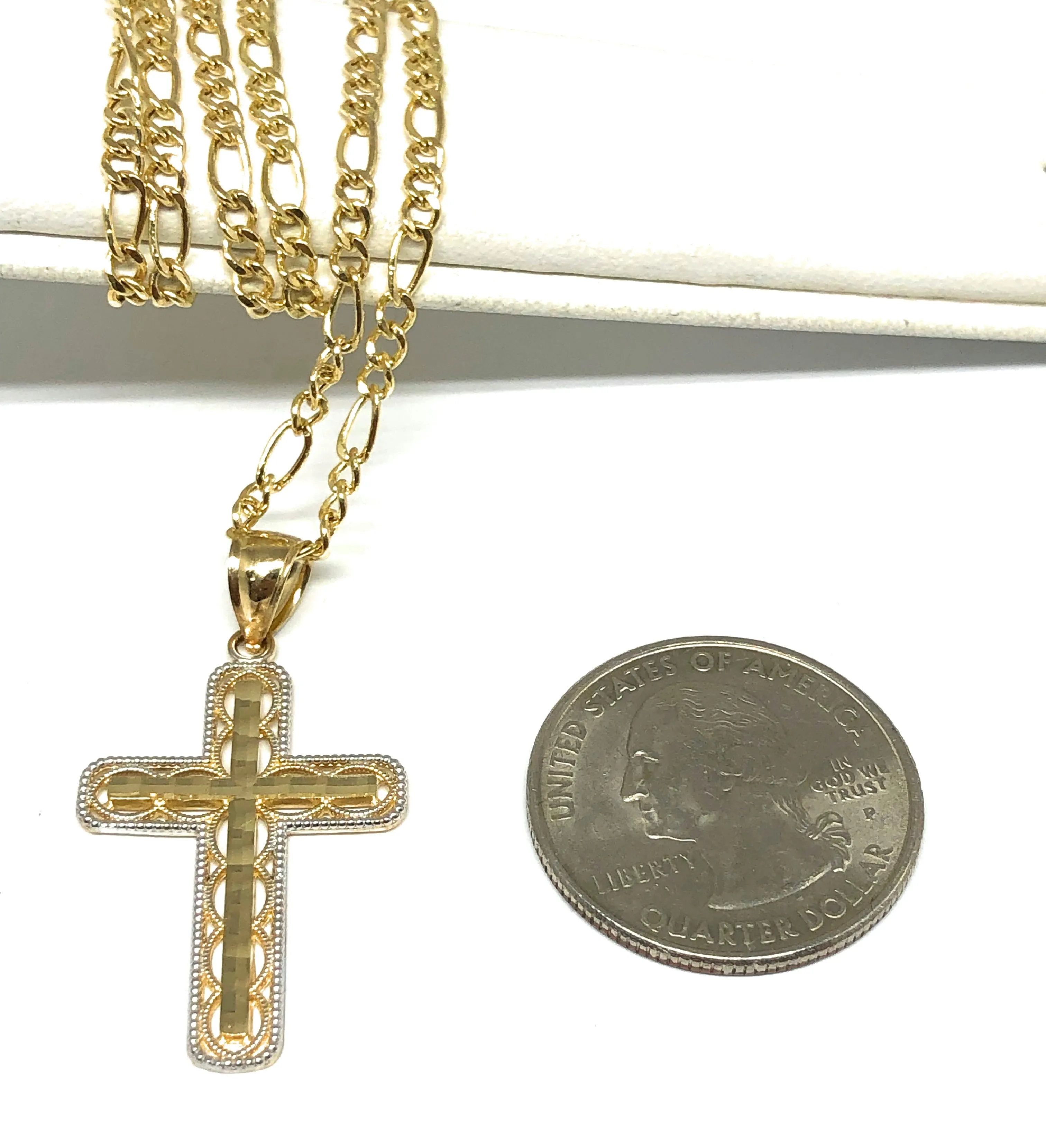 14k Solid Gold 2-Tone Classic Cross Pendant Necklace Crucifix With Figaro Chain