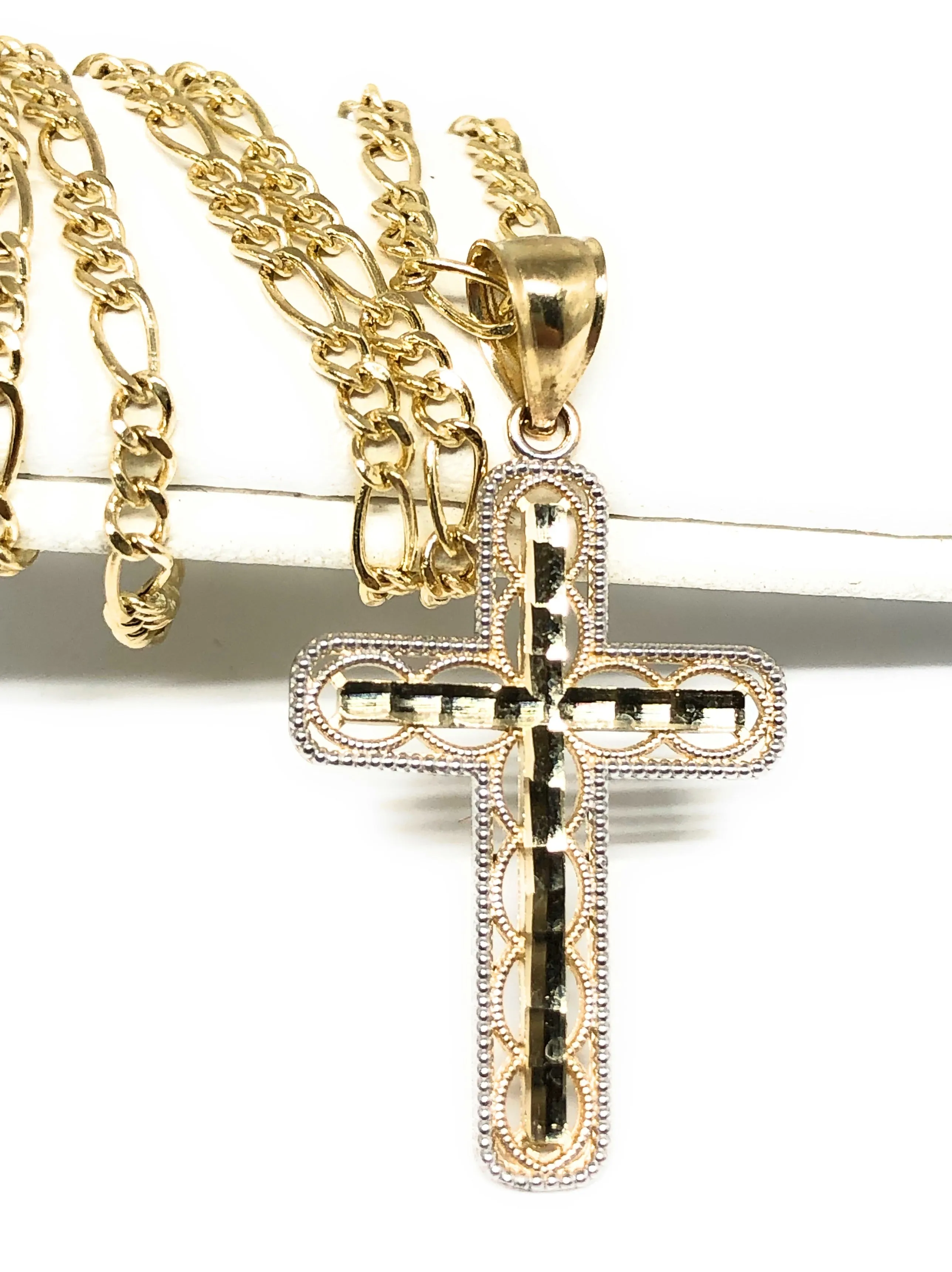 14k Solid Gold 2-Tone Classic Cross Pendant Necklace Crucifix With Figaro Chain