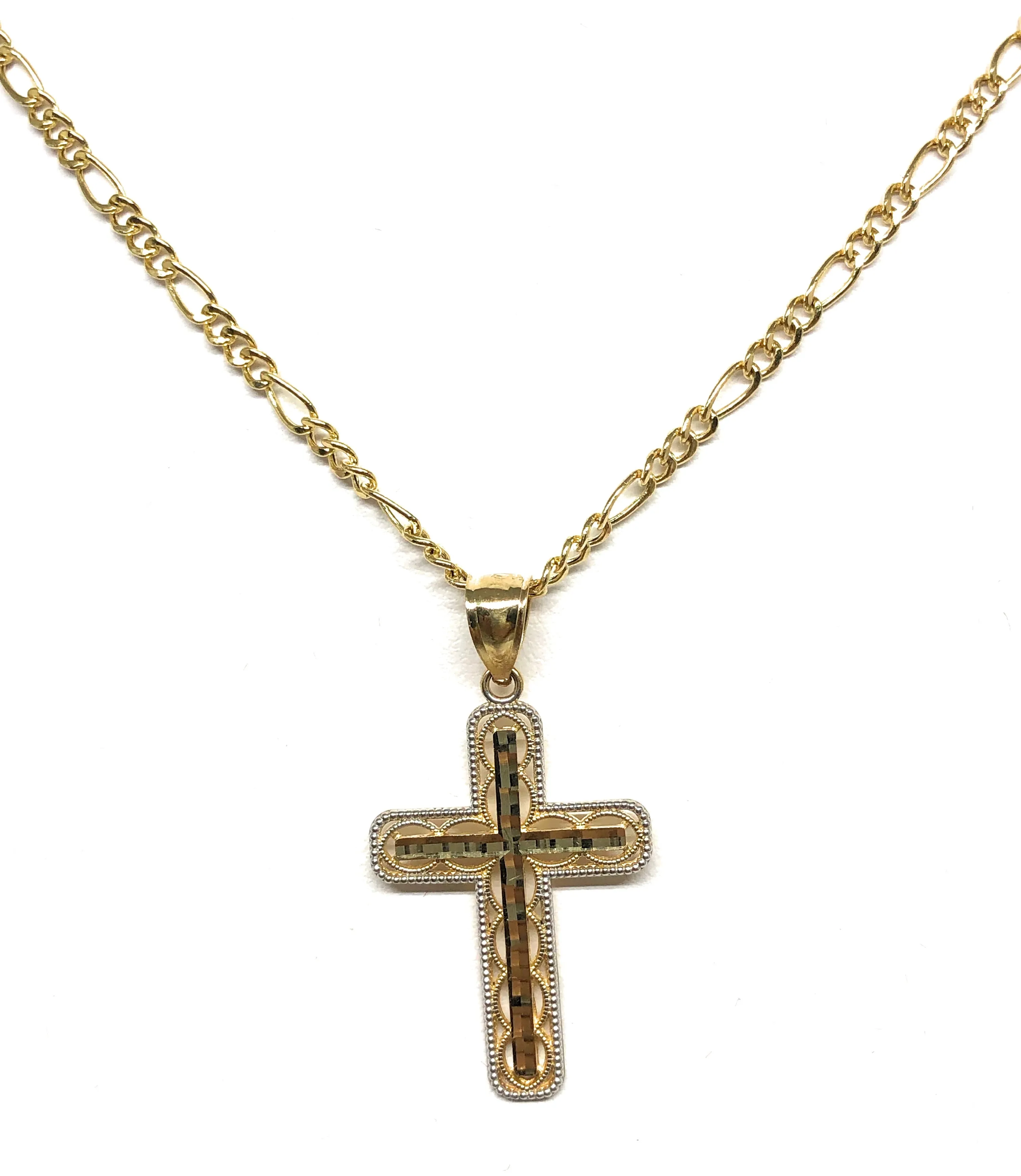 14k Solid Gold 2-Tone Classic Cross Pendant Necklace Crucifix With Figaro Chain