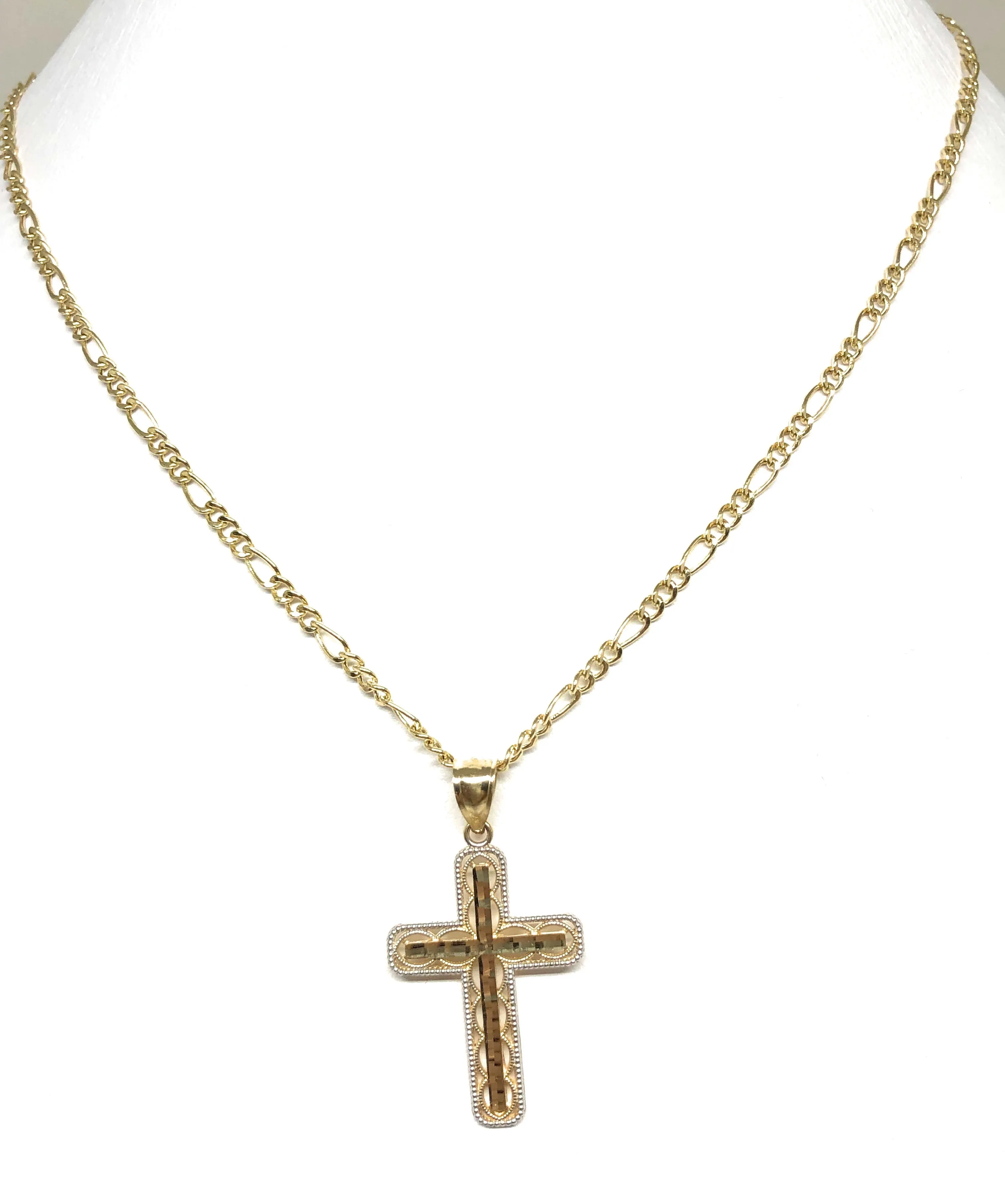 14k Solid Gold 2-Tone Classic Cross Pendant Necklace Crucifix With Figaro Chain