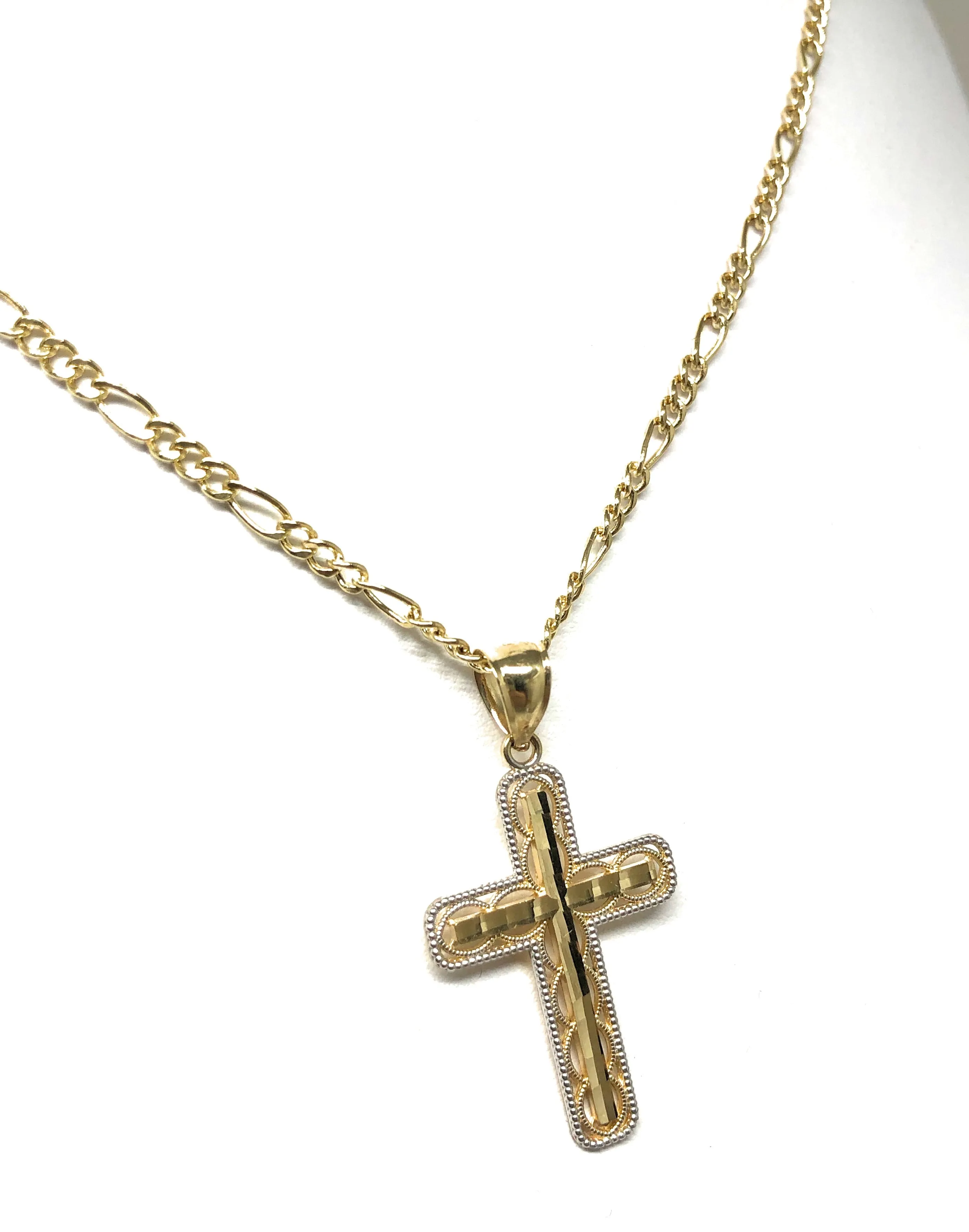 14k Solid Gold 2-Tone Classic Cross Pendant Necklace Crucifix With Figaro Chain