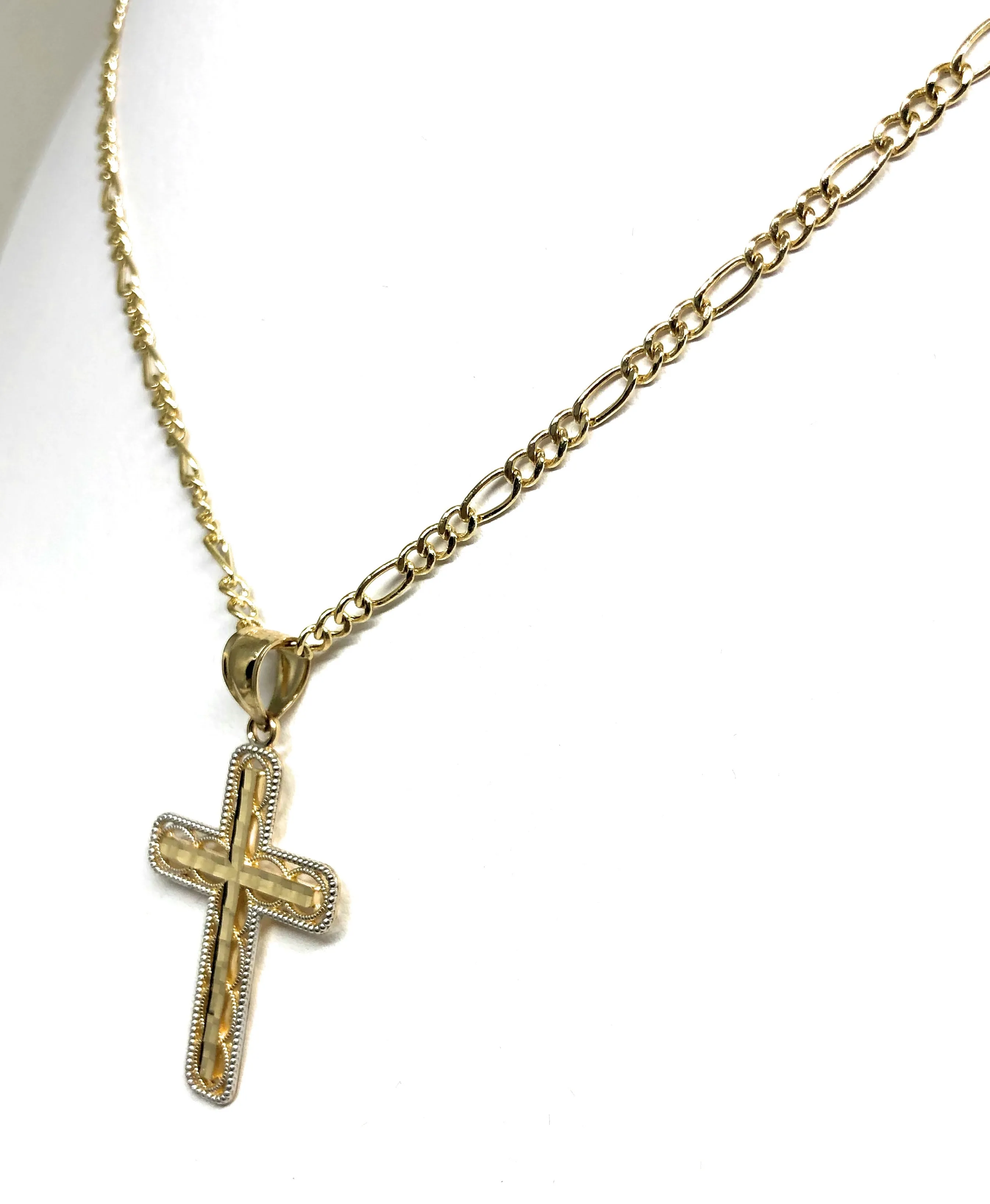 14k Solid Gold 2-Tone Classic Cross Pendant Necklace Crucifix With Figaro Chain