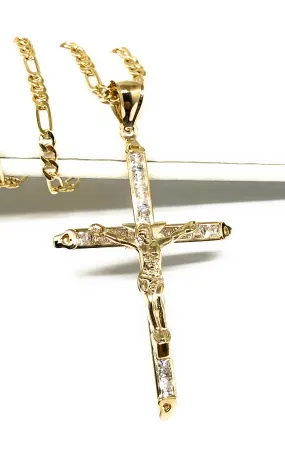 14k Solid Gold Yellow Classic CZ Jesus Cross Pendant Necklace Crucifix With Figaro Chain (SM,MED,LG)