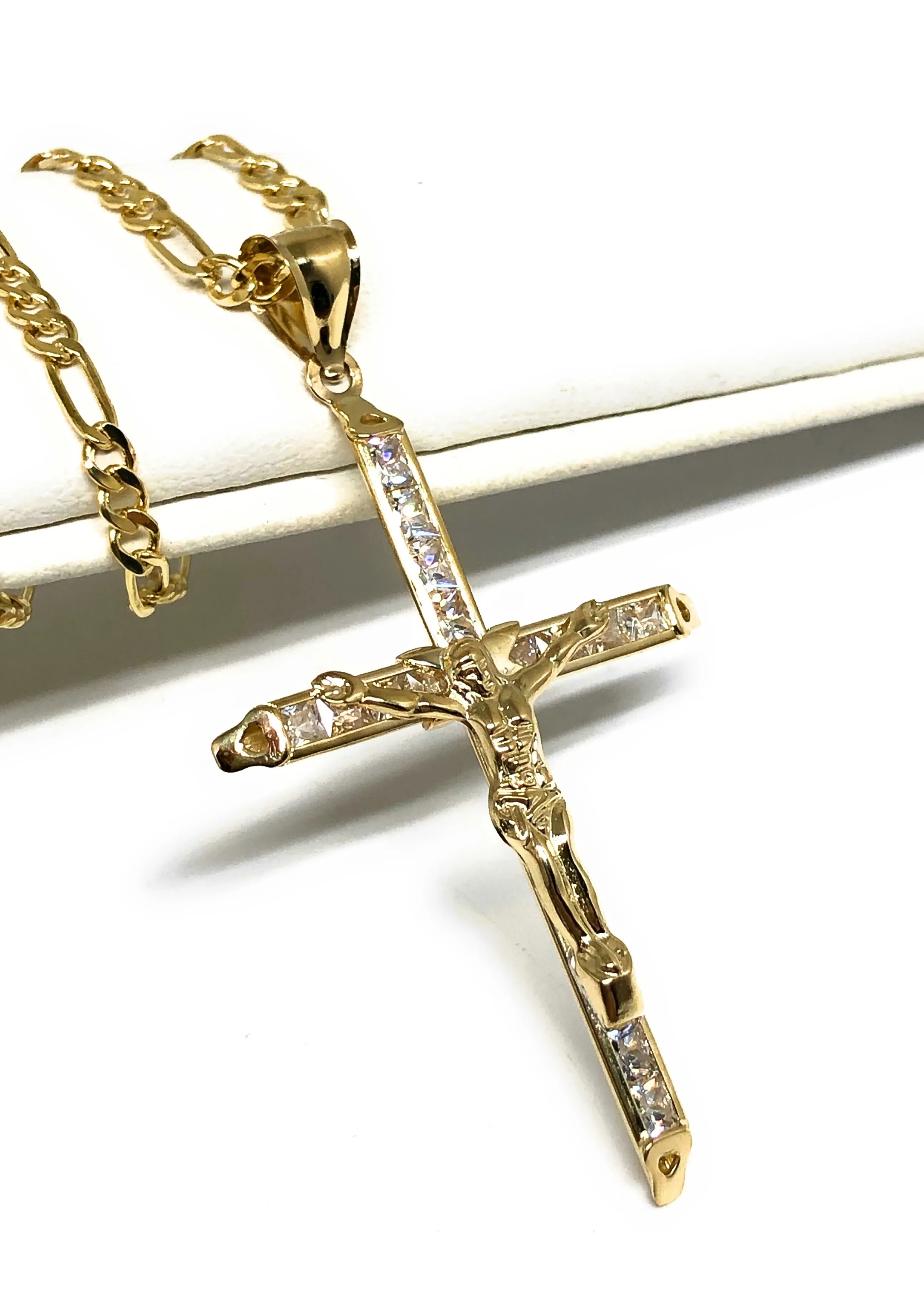 14k Solid Gold Yellow Classic CZ Jesus Cross Pendant Necklace Crucifix With Figaro Chain (SM,MED,LG)