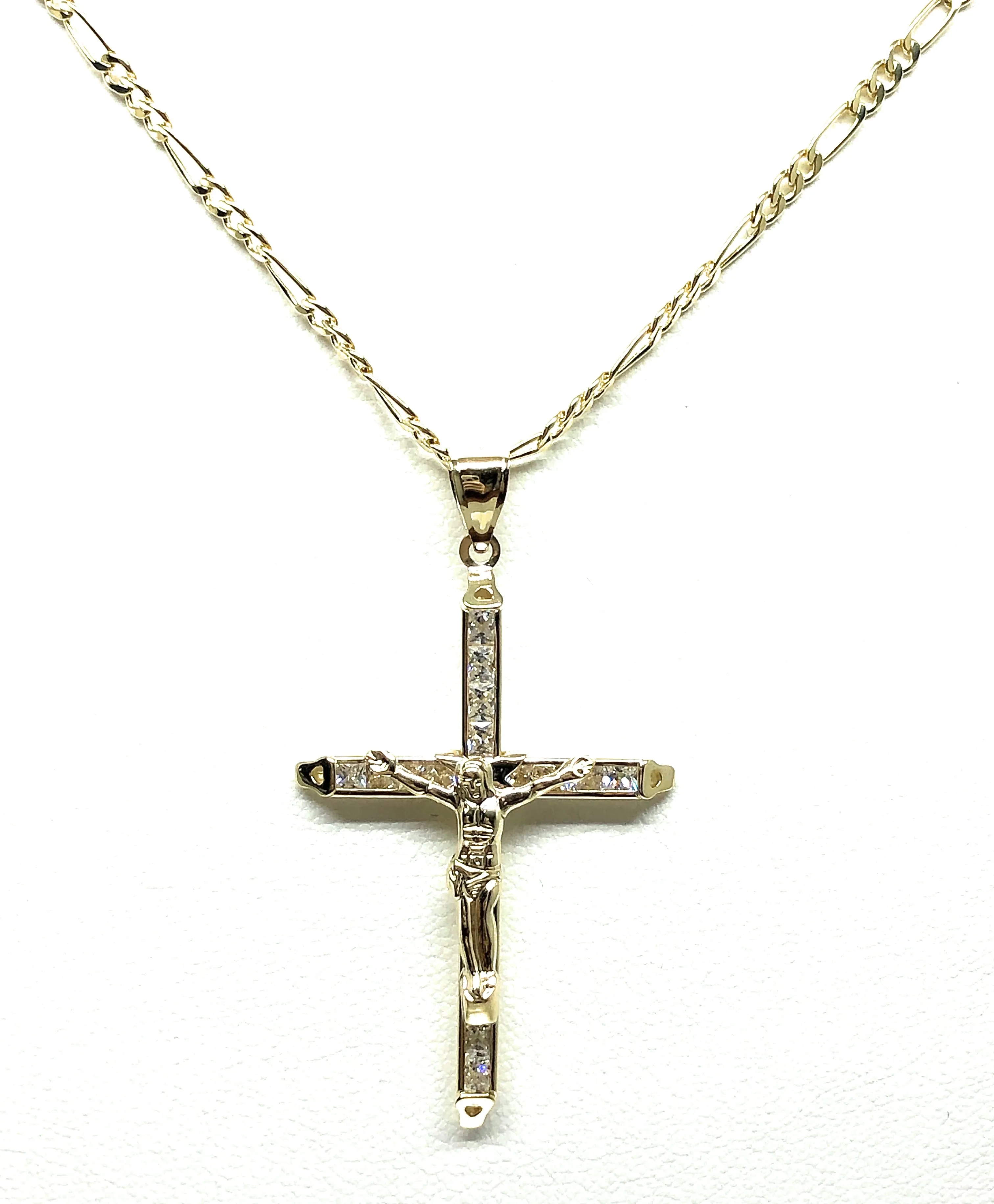 14k Solid Gold Yellow Classic CZ Jesus Cross Pendant Necklace Crucifix With Figaro Chain (SM,MED,LG)