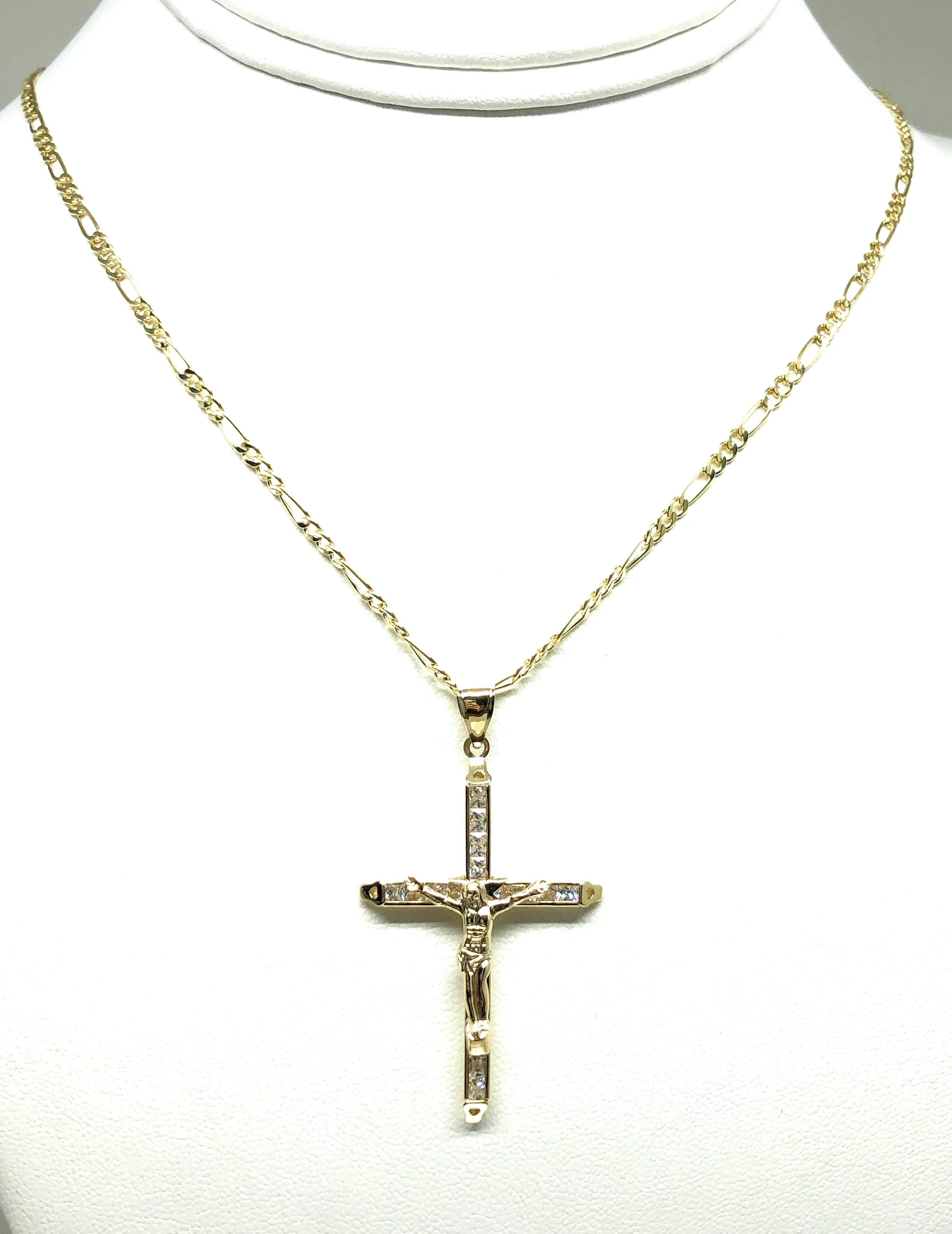 14k Solid Gold Yellow Classic CZ Jesus Cross Pendant Necklace Crucifix With Figaro Chain (SM,MED,LG)