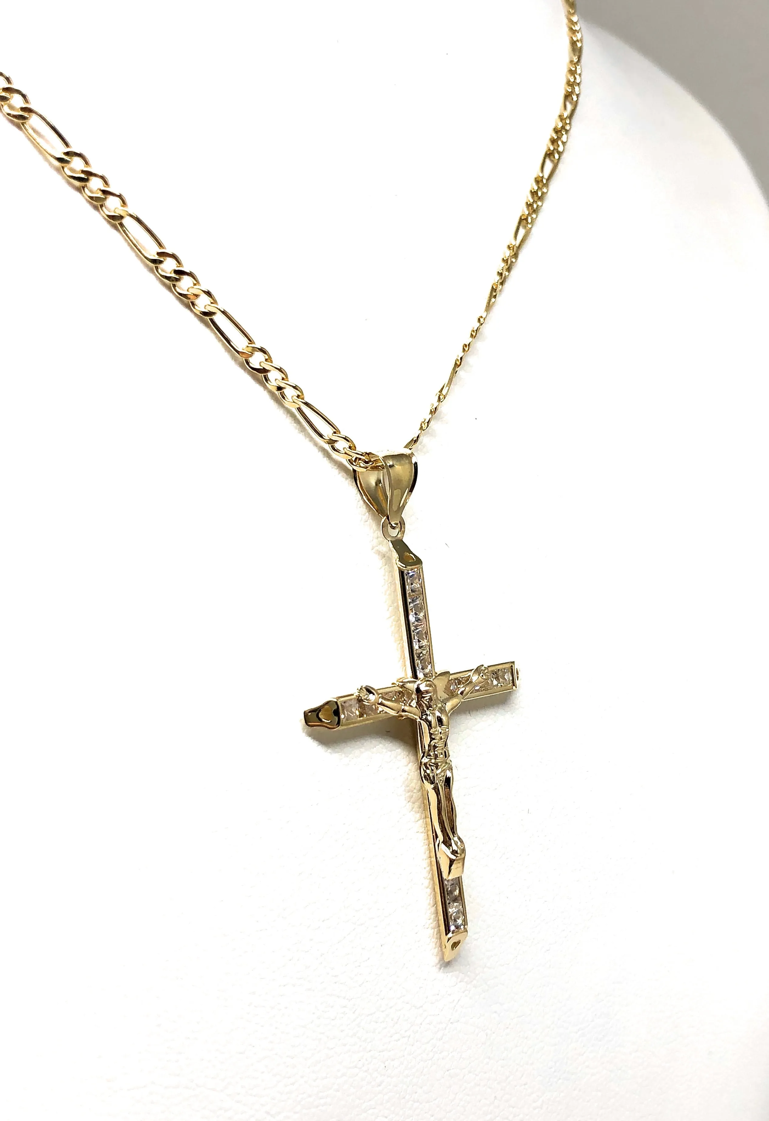 14k Solid Gold Yellow Classic CZ Jesus Cross Pendant Necklace Crucifix With Figaro Chain (SM,MED,LG)