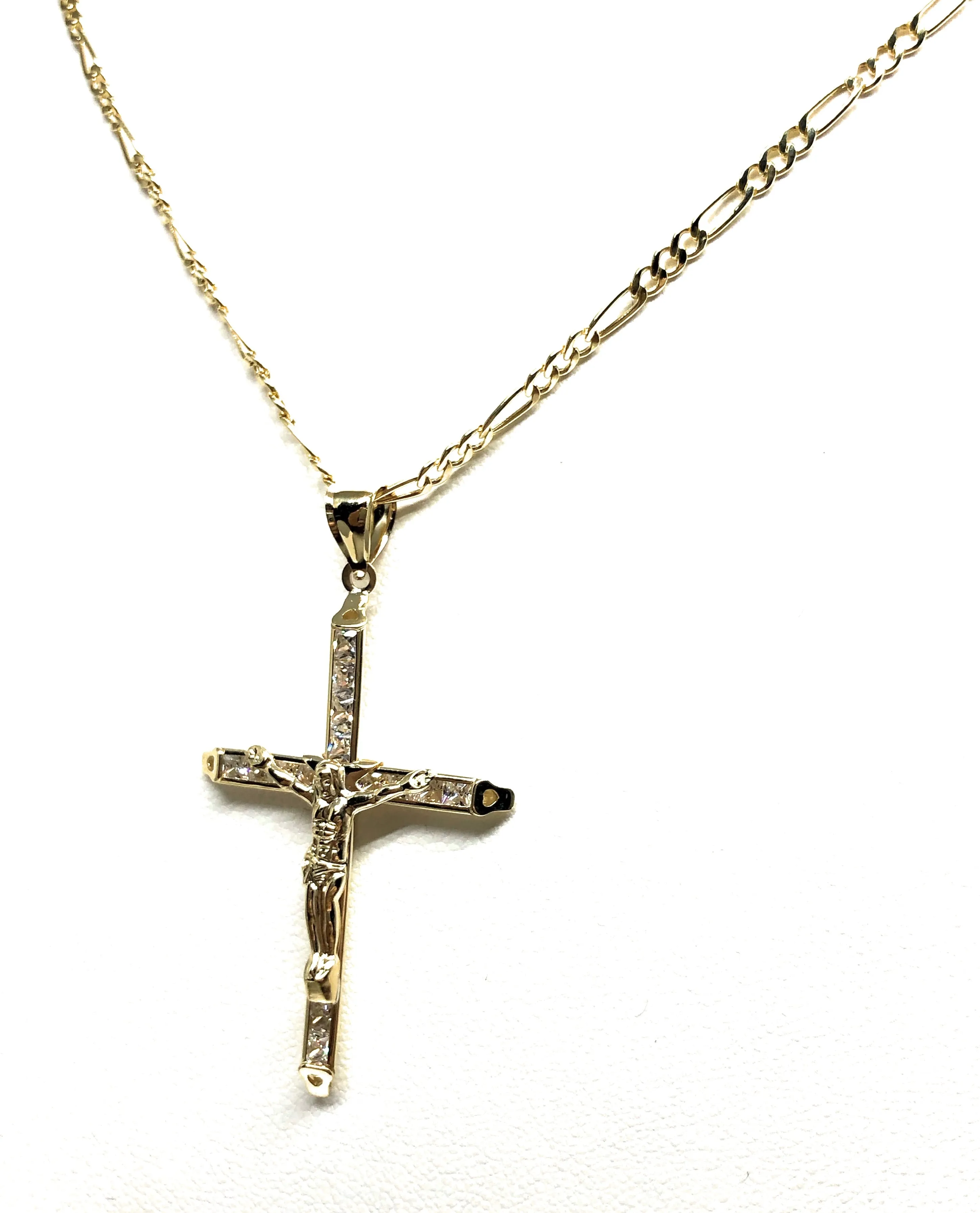 14k Solid Gold Yellow Classic CZ Jesus Cross Pendant Necklace Crucifix With Figaro Chain (SM,MED,LG)