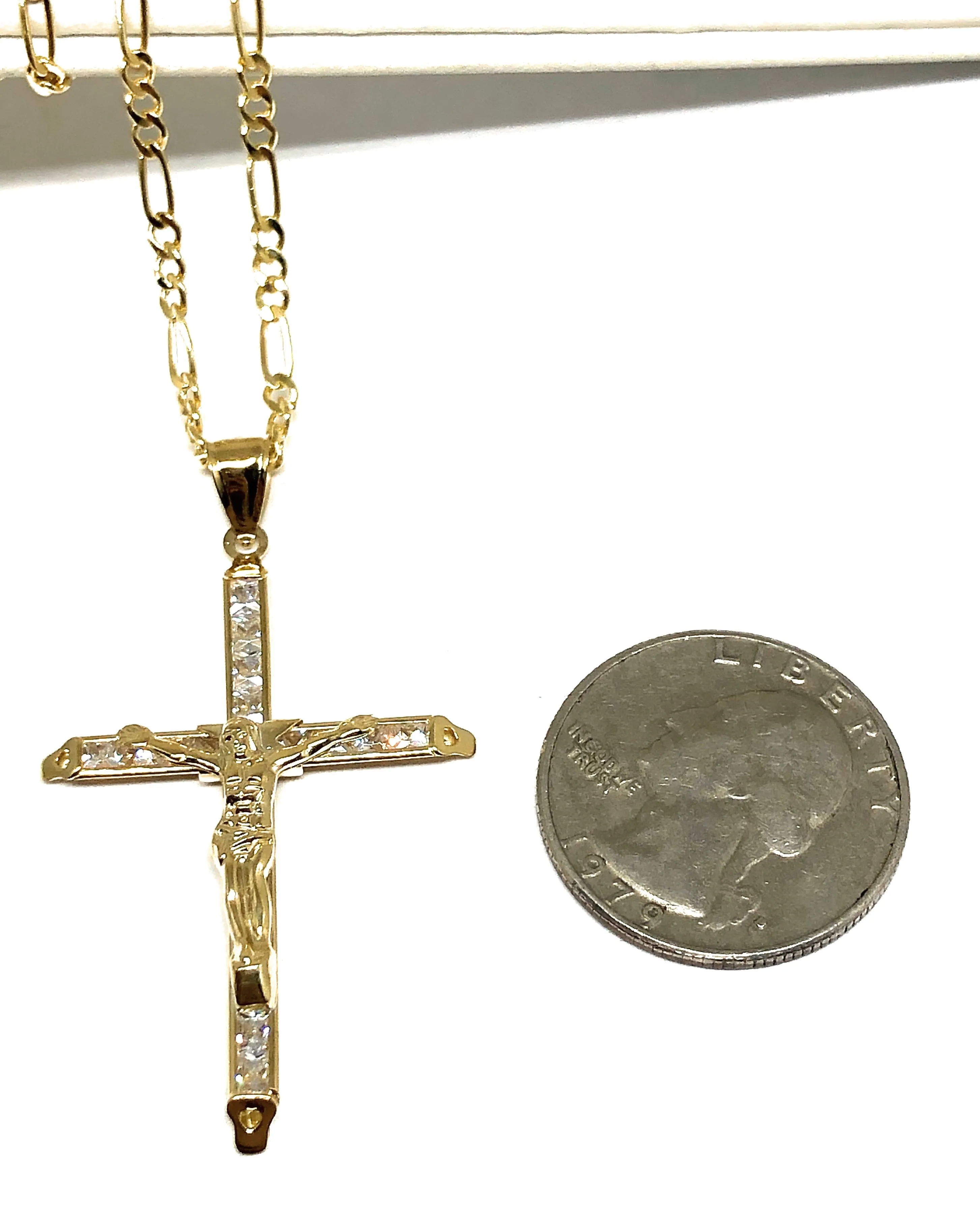 14k Solid Gold Yellow Classic CZ Jesus Cross Pendant Necklace Crucifix With Figaro Chain (SM,MED,LG)