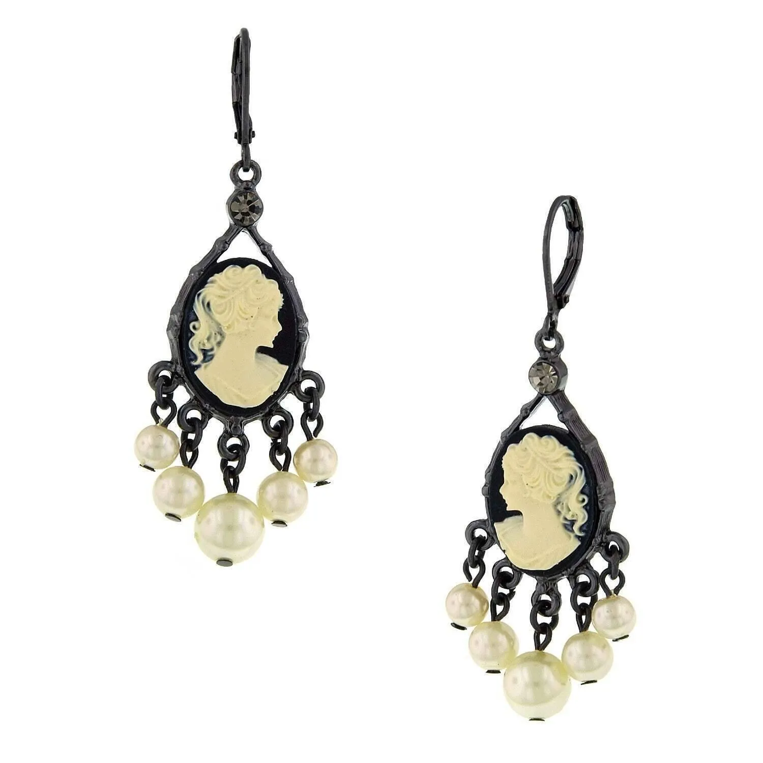 1928 Jewelry Black And Ivory Cameo White Round Faux Pearl Chandelier Earrings