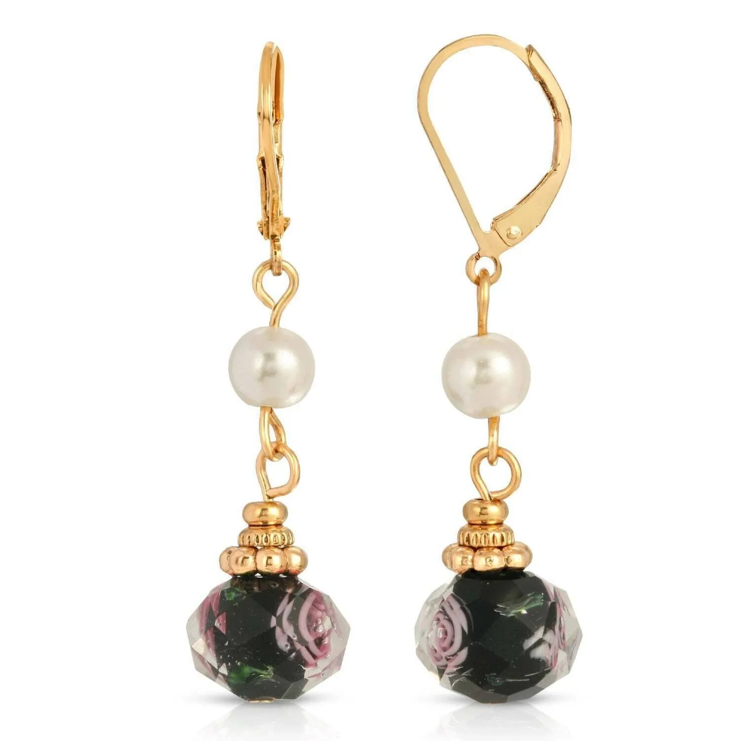 1928 Jewelry Faux Pearl And Black Bel Fiore Drop Bead Earrings