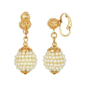 1928 Jewelry Filigree Ball & Embossed Faux Pearl Bead Drop Clip On Earrings