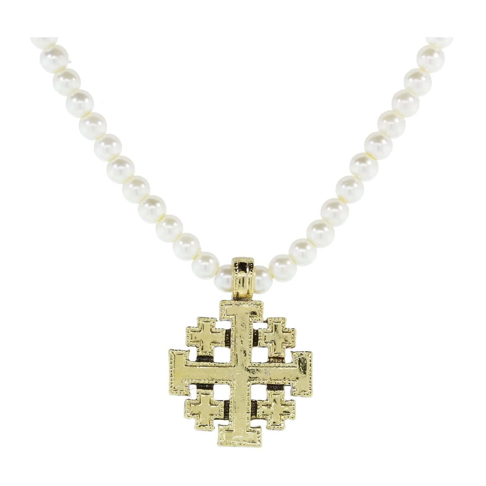 1928 Jewelry Gold Jerusalem Cross Pendant 4mm Faux Pearl Strand Necklace 15 + 3 Extender