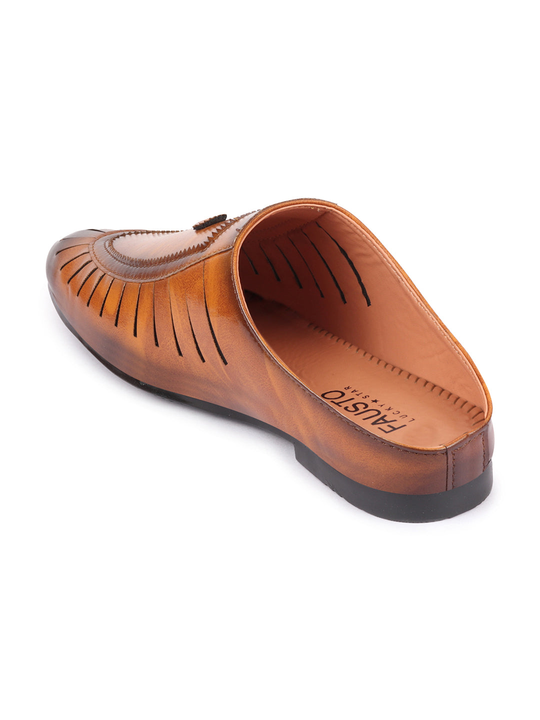 Basics Men Tan Back Open Laser Cut Design Classic Ethnic Slip On Mules