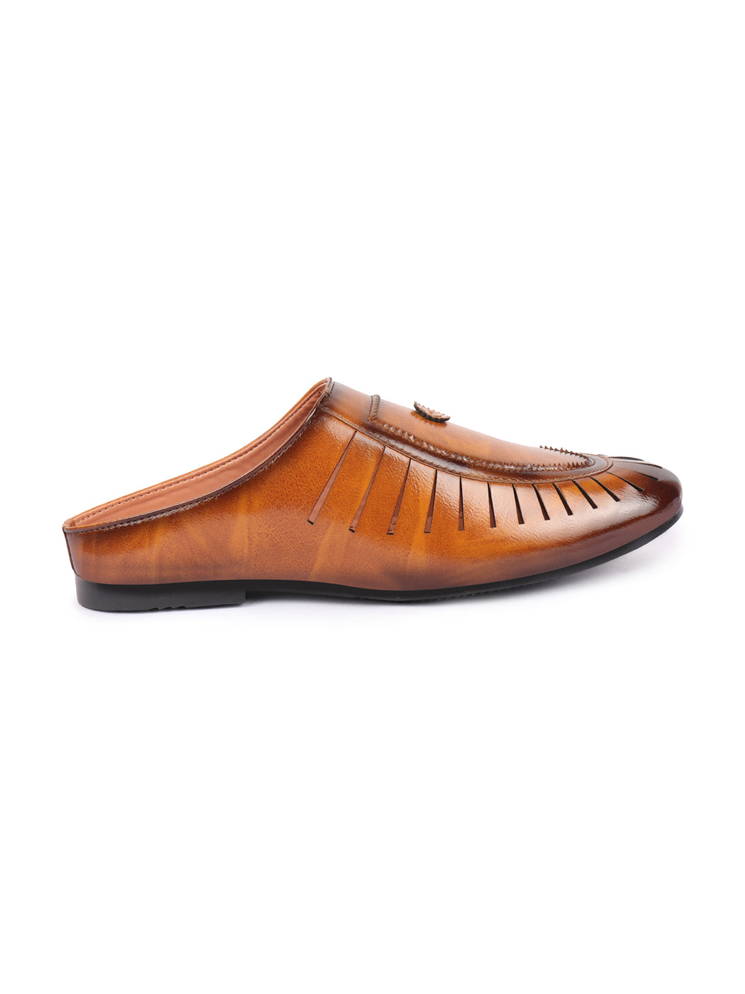 Basics Men Tan Back Open Laser Cut Design Classic Ethnic Slip On Mules