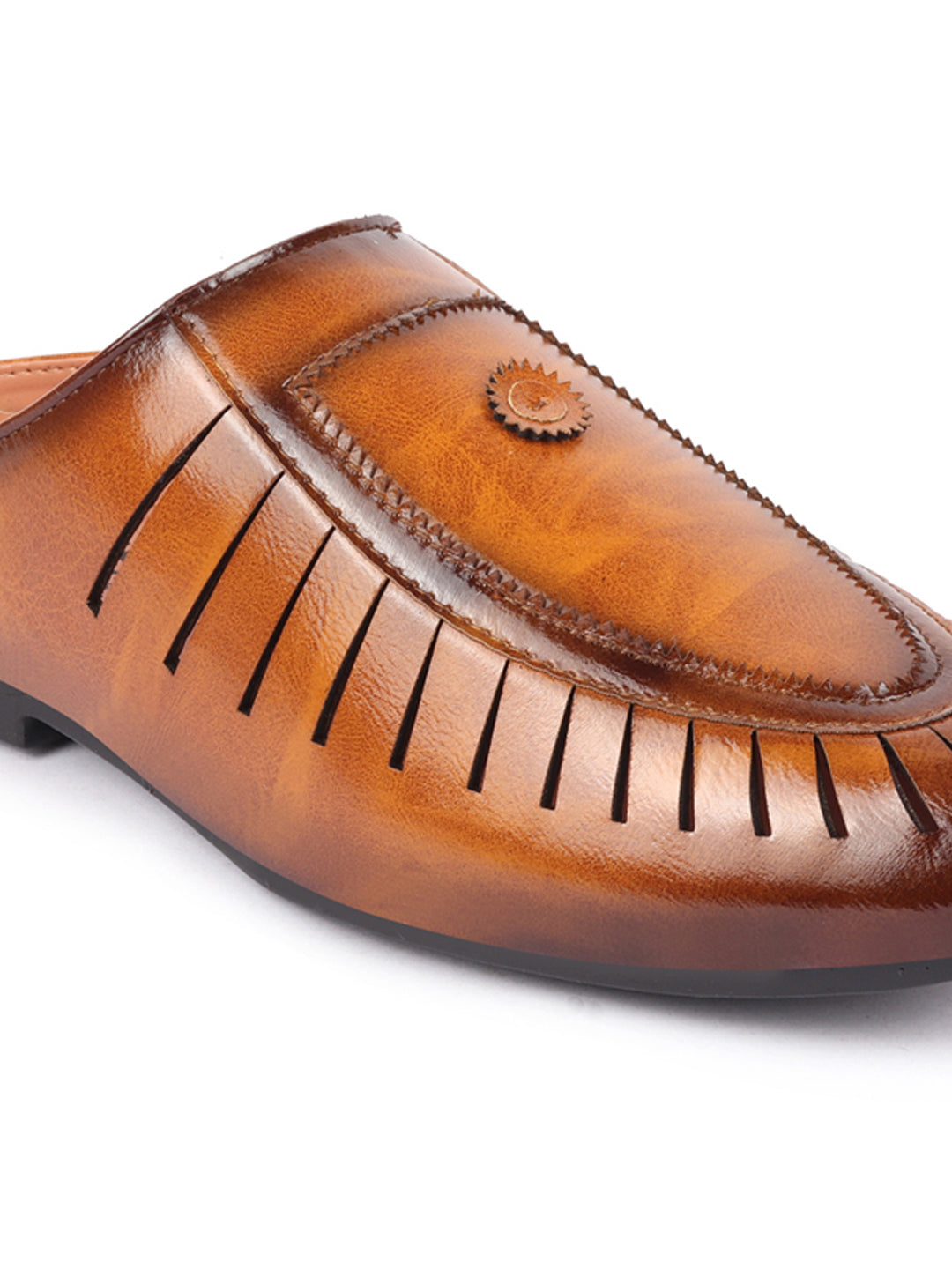 Basics Men Tan Back Open Laser Cut Design Classic Ethnic Slip On Mules