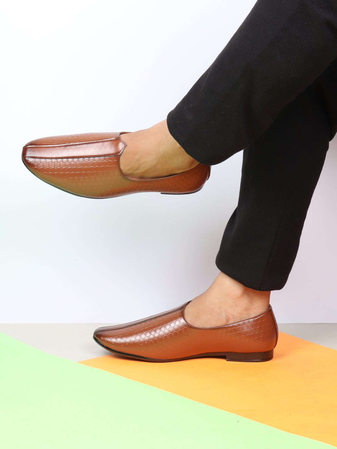 Basics Men Tan Embossed Design Ethnic Slip On Juttis and Mojaris