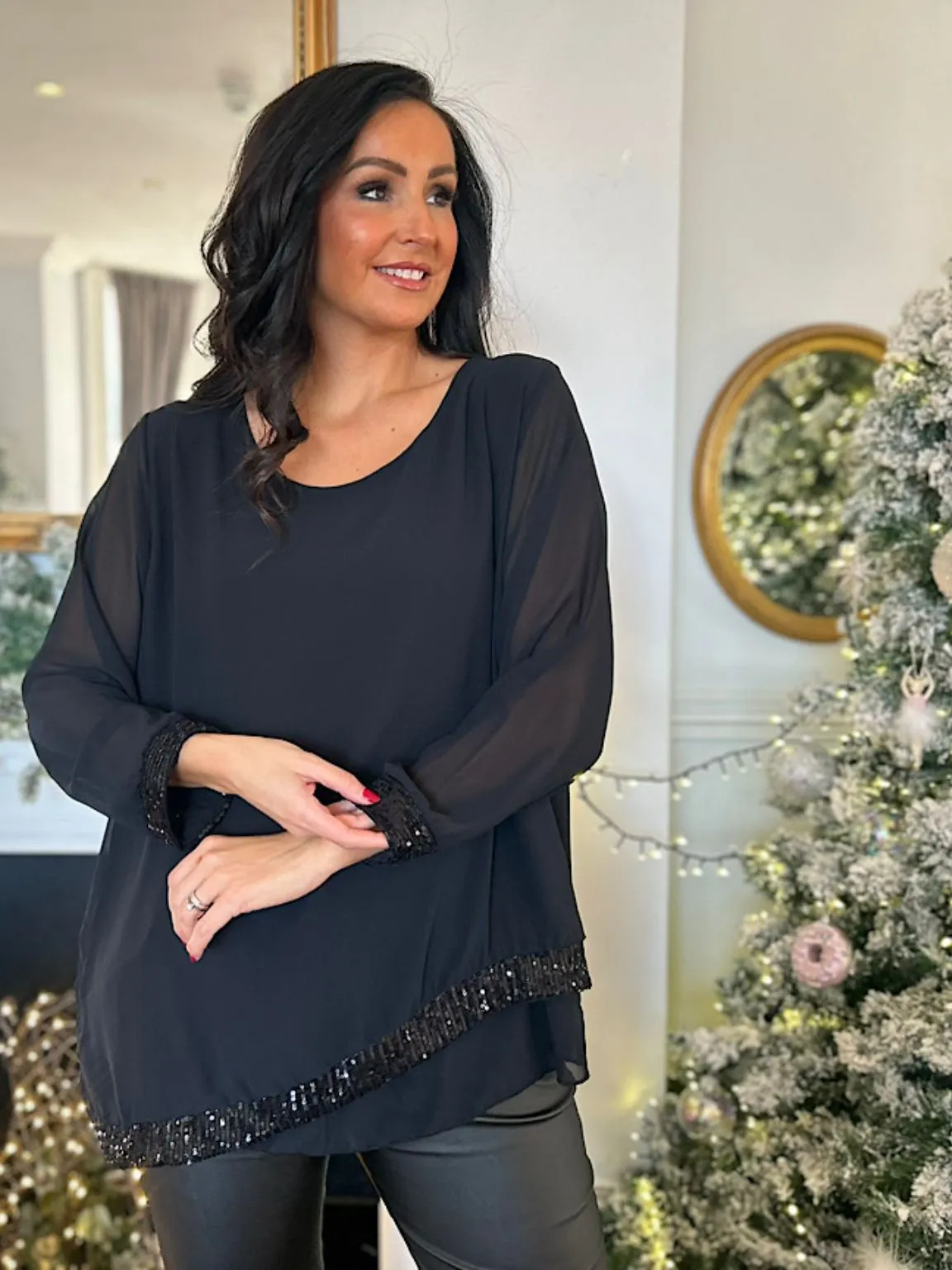 Black Chiffon Sequin Hem Blouse Belle