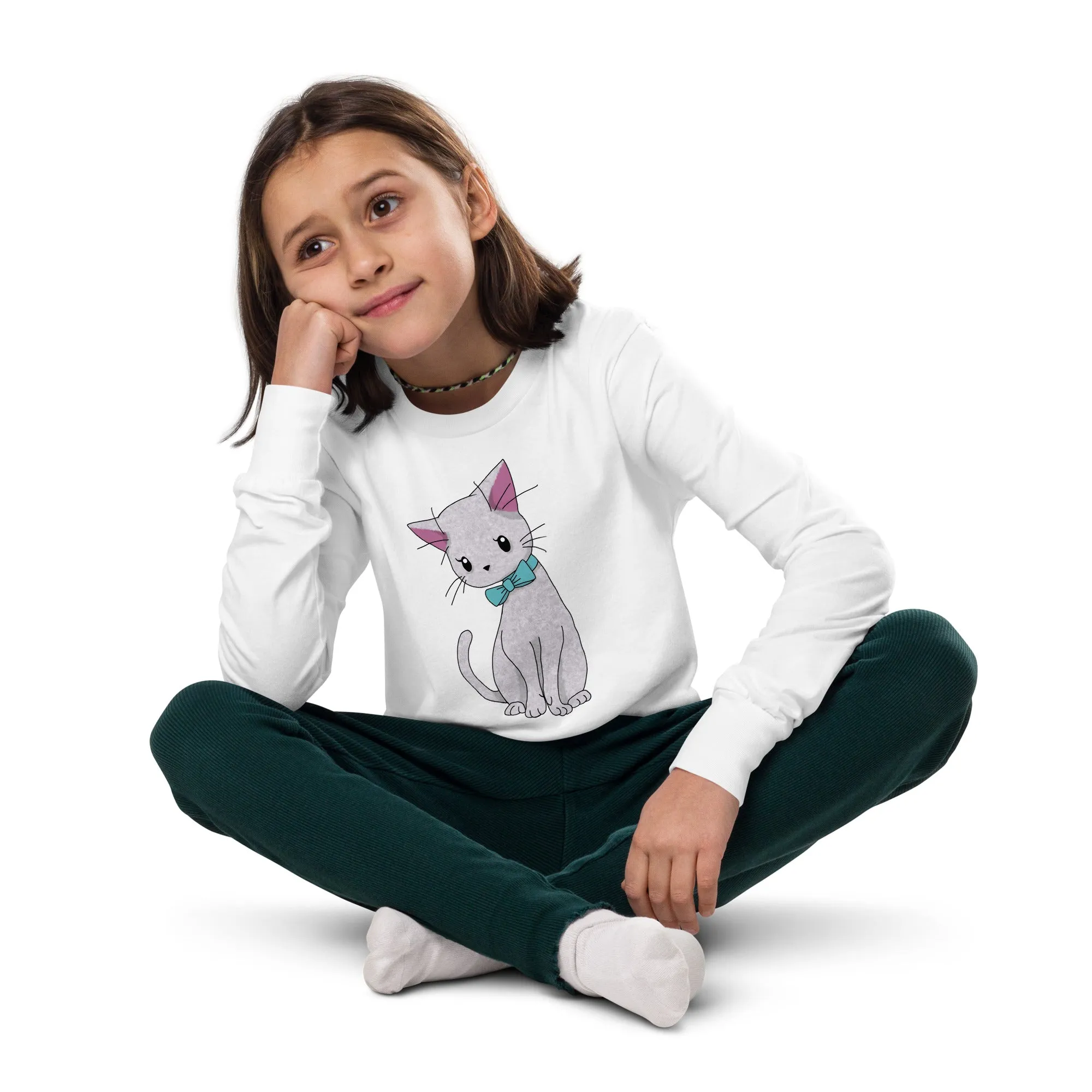 Cat with Bow Tie Youth Long Sleeve Tee