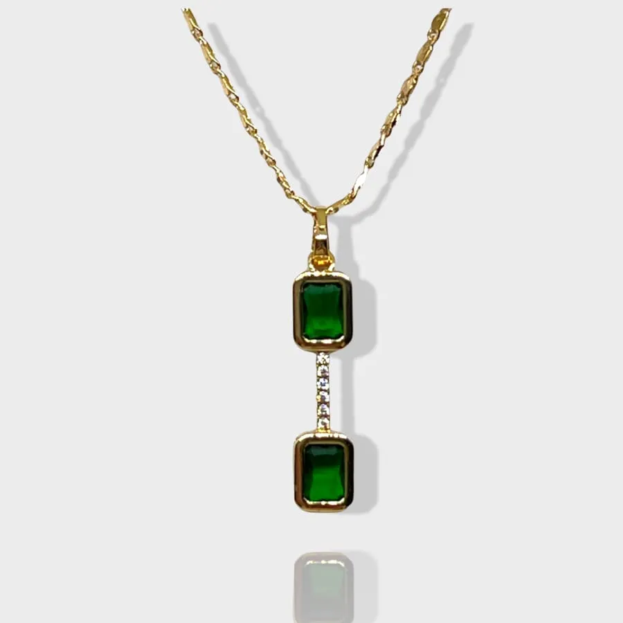 Cesme double faux emerald square stone necklace 18kts gold plated