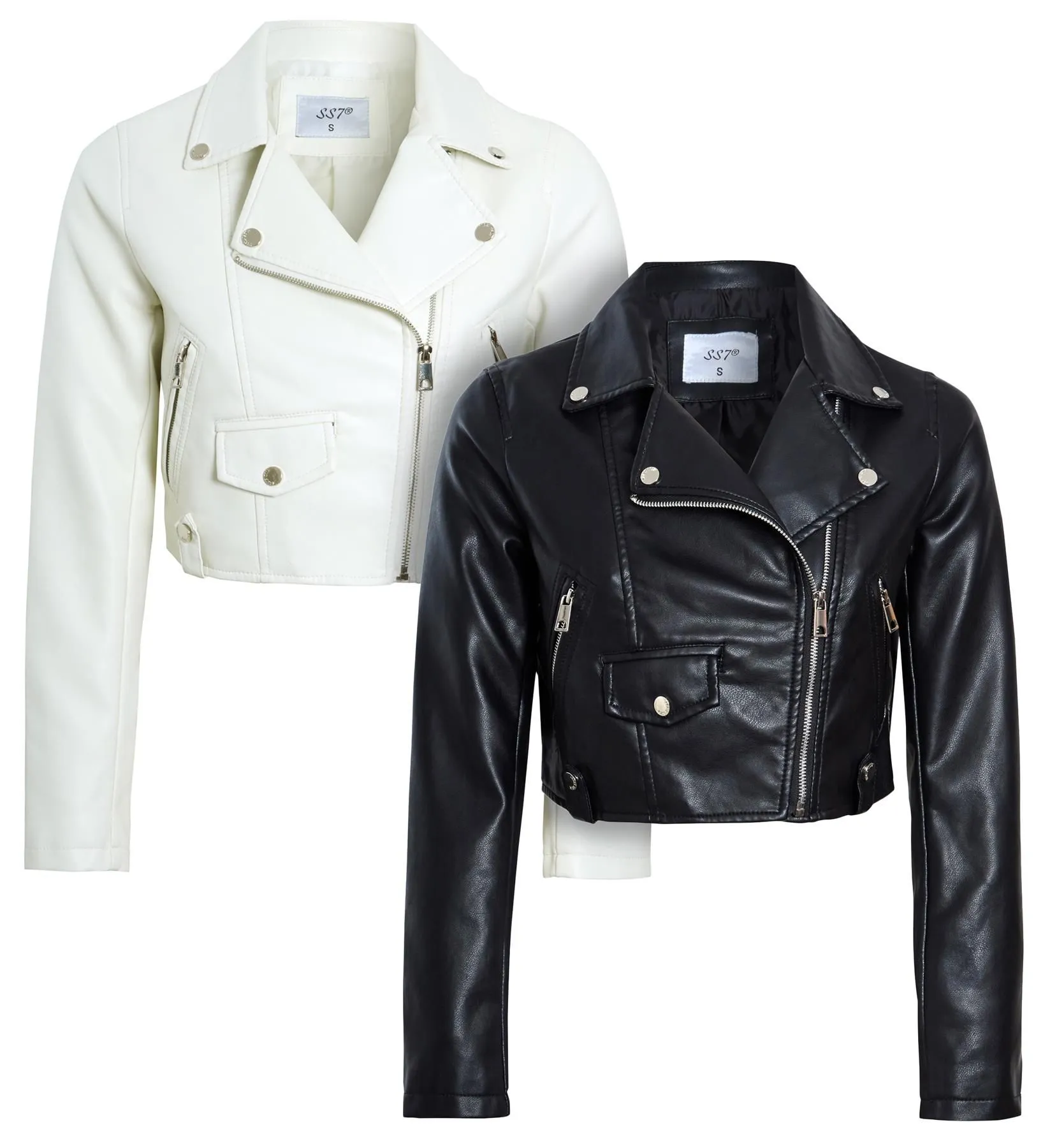 Cropped Biker Jacket in Faux Leather, Black, Off White, UK Sizes 8 to 14