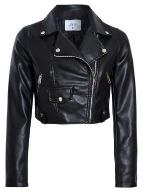 Cropped Biker Jacket in Faux Leather, Black, Off White, UK Sizes 8 to 14