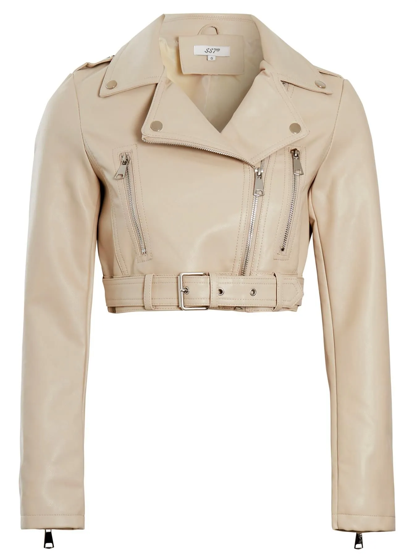 Cropped Slim Fit Faux leather Biker Jacket, Off White, Beige, Black, UK Sizes 8 to 14