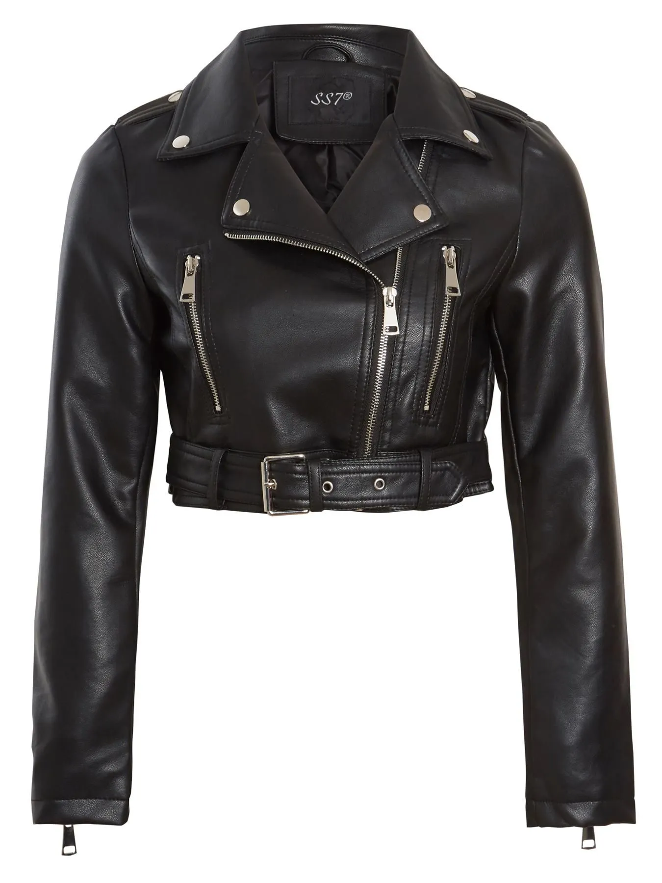 Cropped Slim Fit Faux leather Biker Jacket, Off White, Beige, Black, UK Sizes 8 to 14