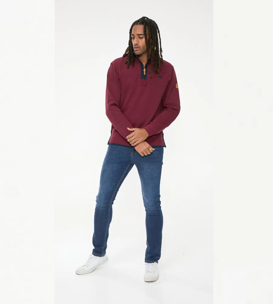 D555 Mens Burgundy Pique Fleece Sweatshirt With 1/4 Zip (HIRALDO)