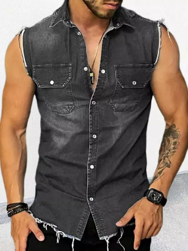 Distressed Sleeveless Men Denim Shirt