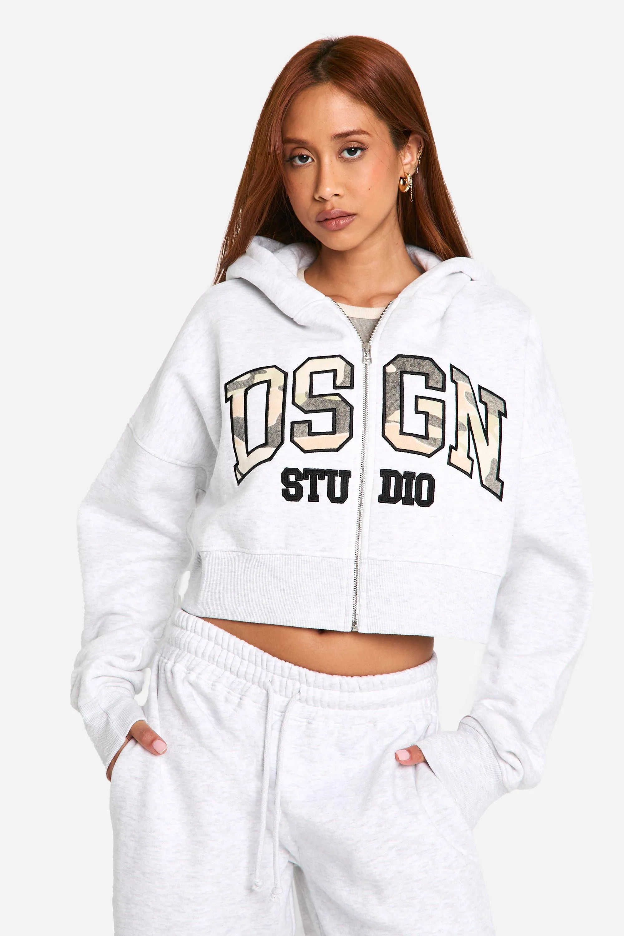 Dsgn Studio Camouflage Applique Zip Through Boxy Crop Hoodie