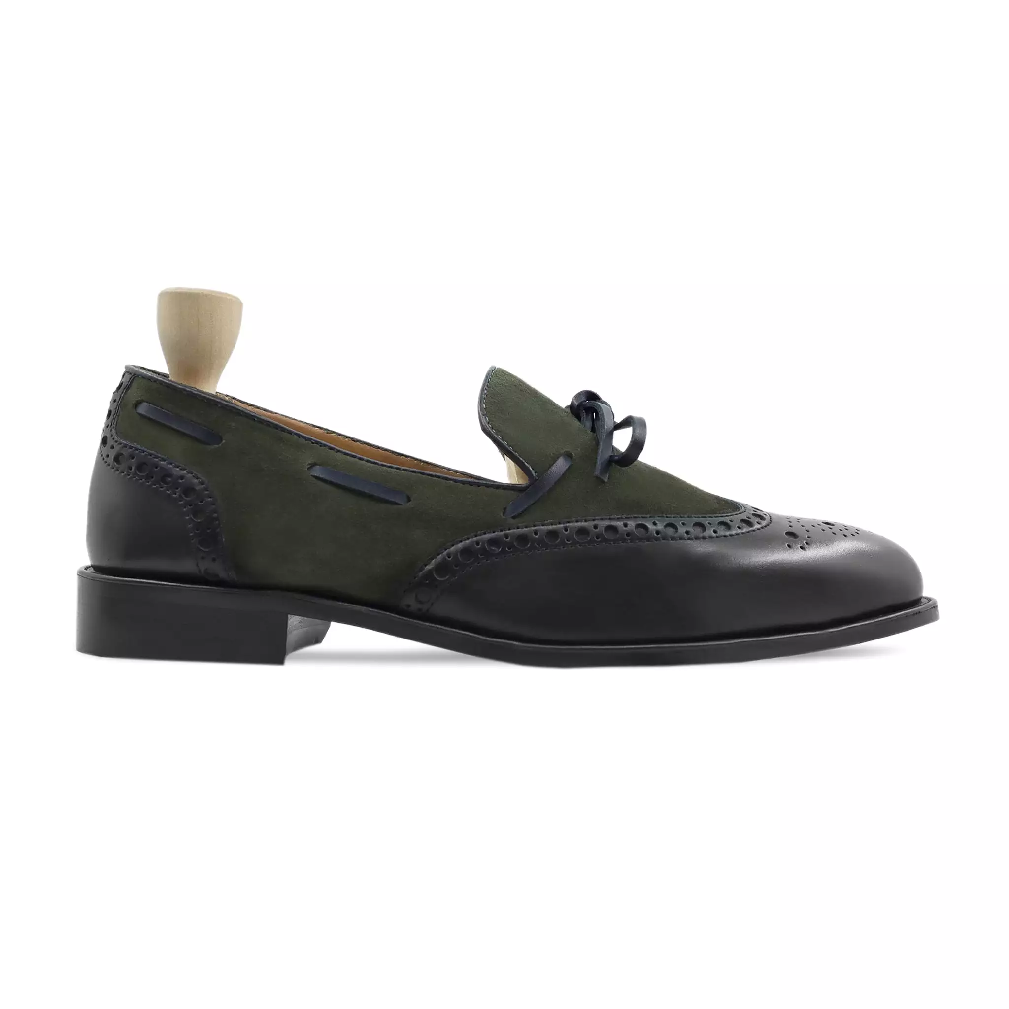 Dubnion - Men's Black Calf Leather And Olive Green Kid Suede Loafer