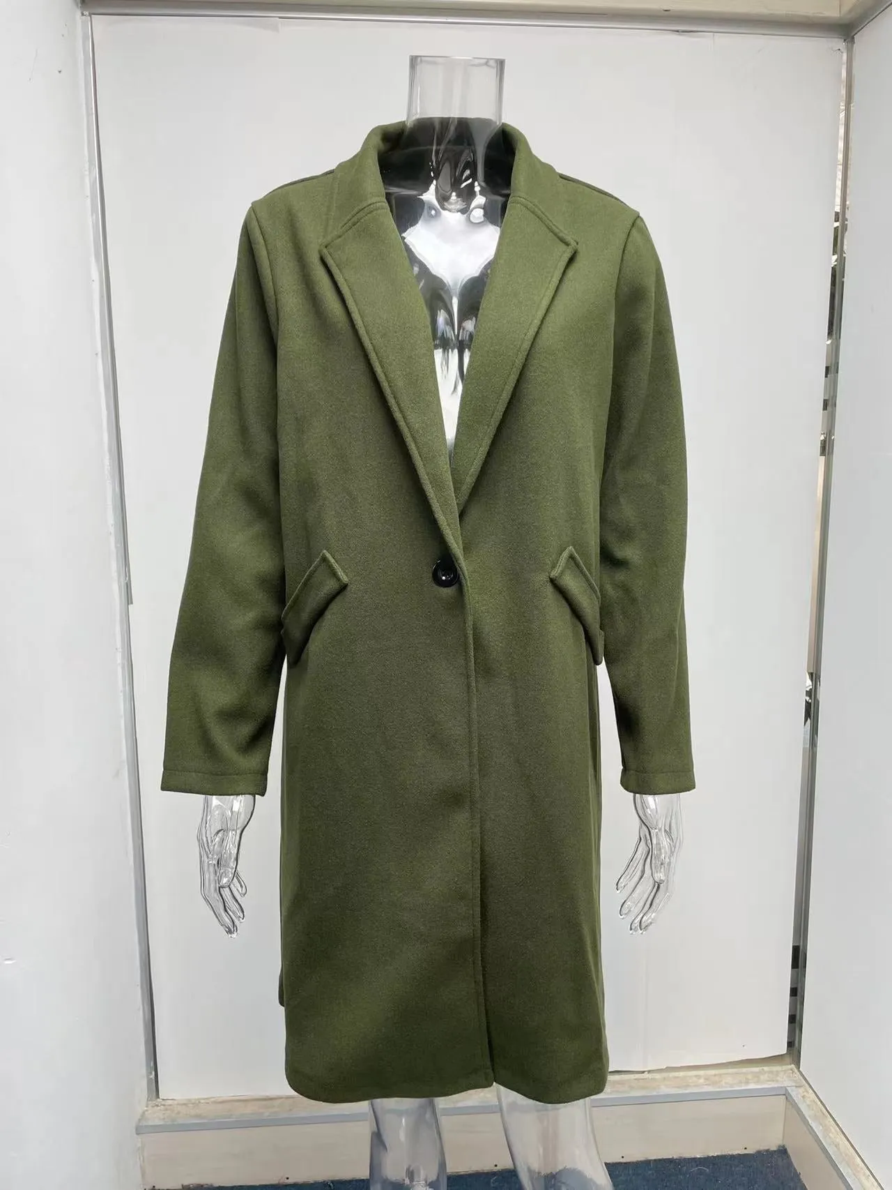 Fashion Lapel Knee Length Woolen Outerwear Jacket Coat