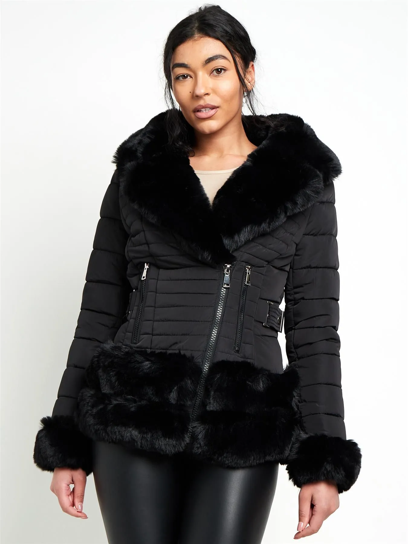 Faux Fur Trim Winter Jacket, Black, Beige, UK Sizes 8 to 16