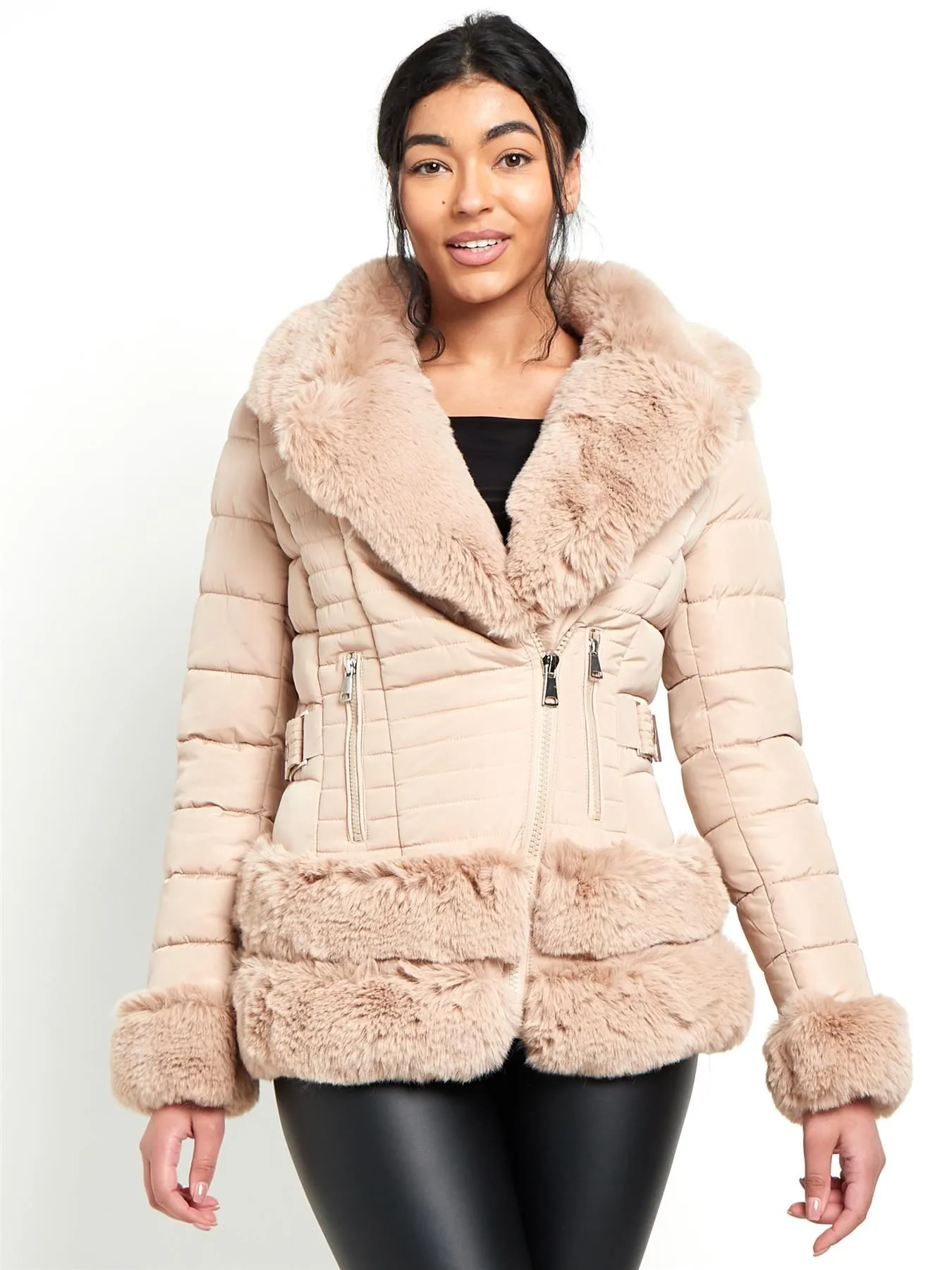 Faux Fur Trim Winter Jacket, Black, Beige, UK Sizes 8 to 16