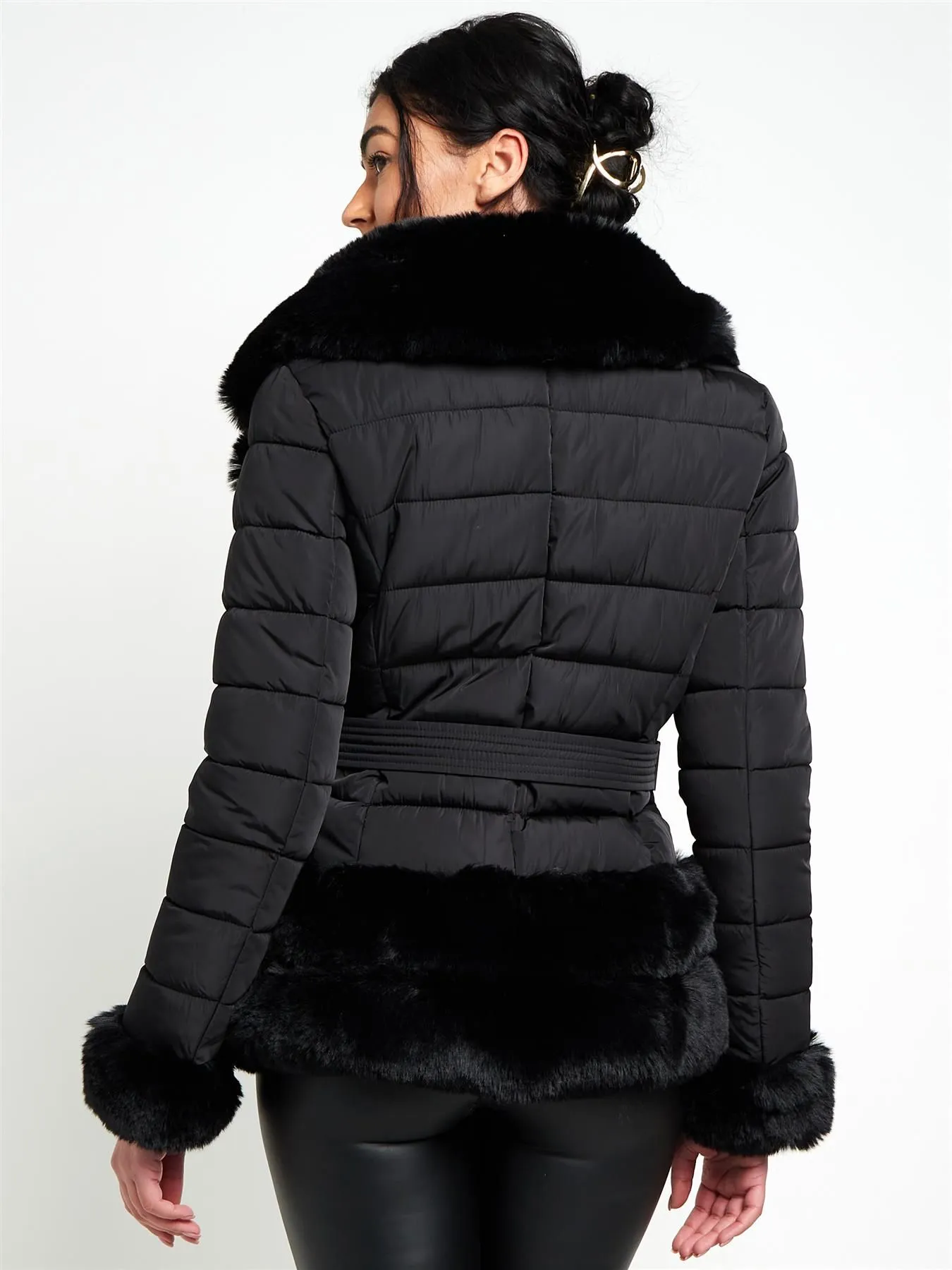 Faux Fur Trim Winter Jacket, Black, Beige, UK Sizes 8 to 16