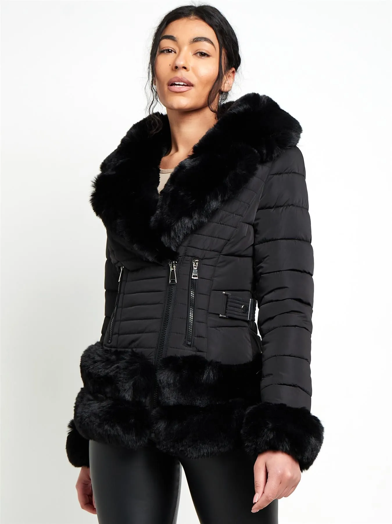 Faux Fur Trim Winter Jacket, Black, Beige, UK Sizes 8 to 16