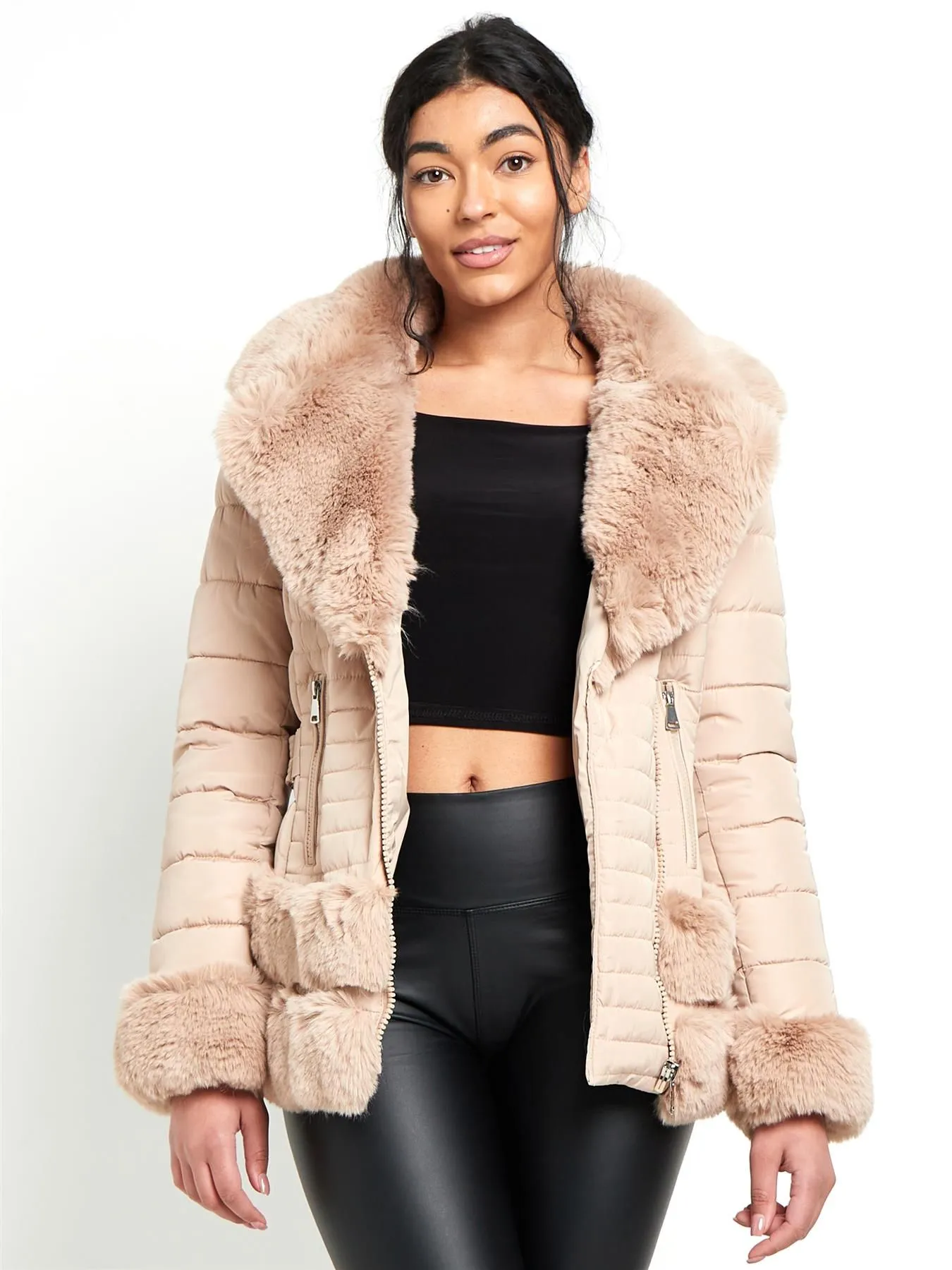 Faux Fur Trim Winter Jacket, Black, Beige, UK Sizes 8 to 16