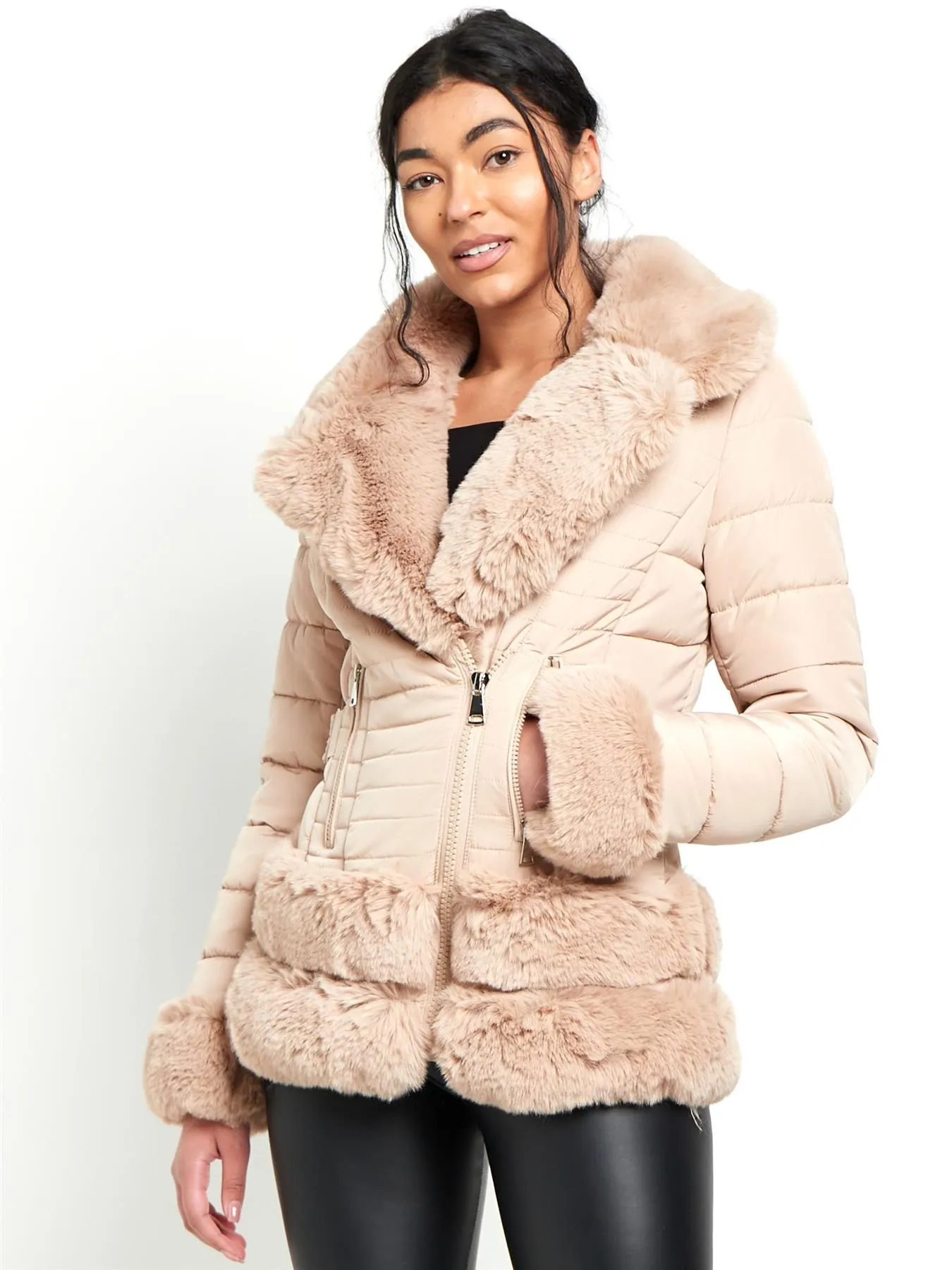 Faux Fur Trim Winter Jacket, Black, Beige, UK Sizes 8 to 16