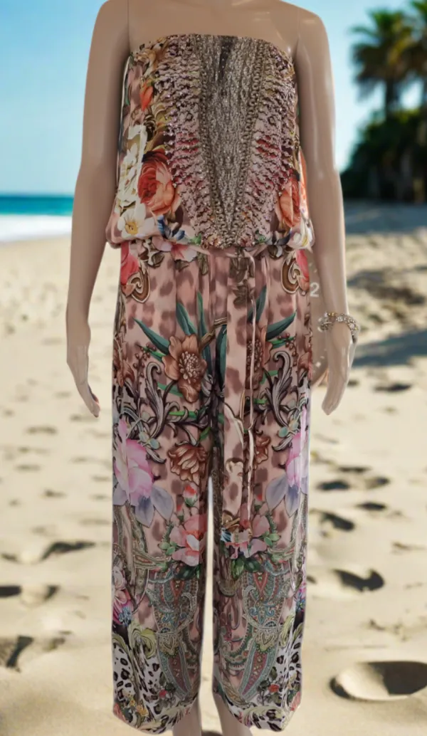 Floral Leopard Strapless Embellished Jumpsuit