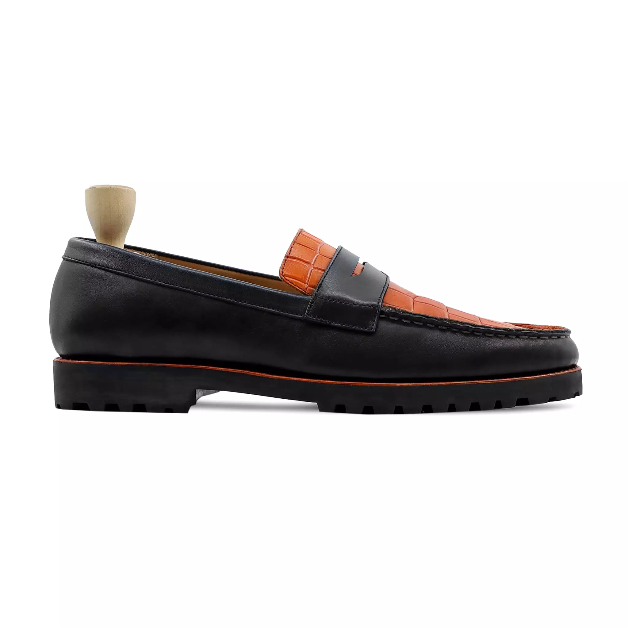 Florida - Men's Black Calf And Tan Crocodile Printed Calf Leather Loafer