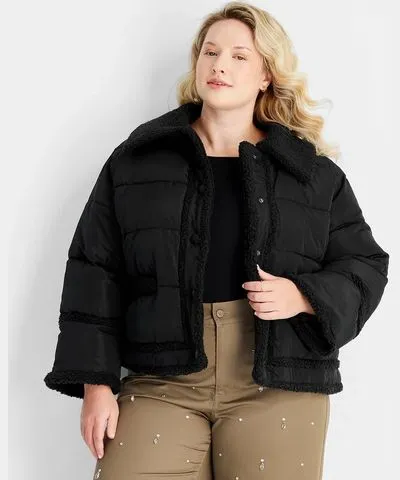 Future Collective Women's Shearling Trim Button-Front Puffer Jacket