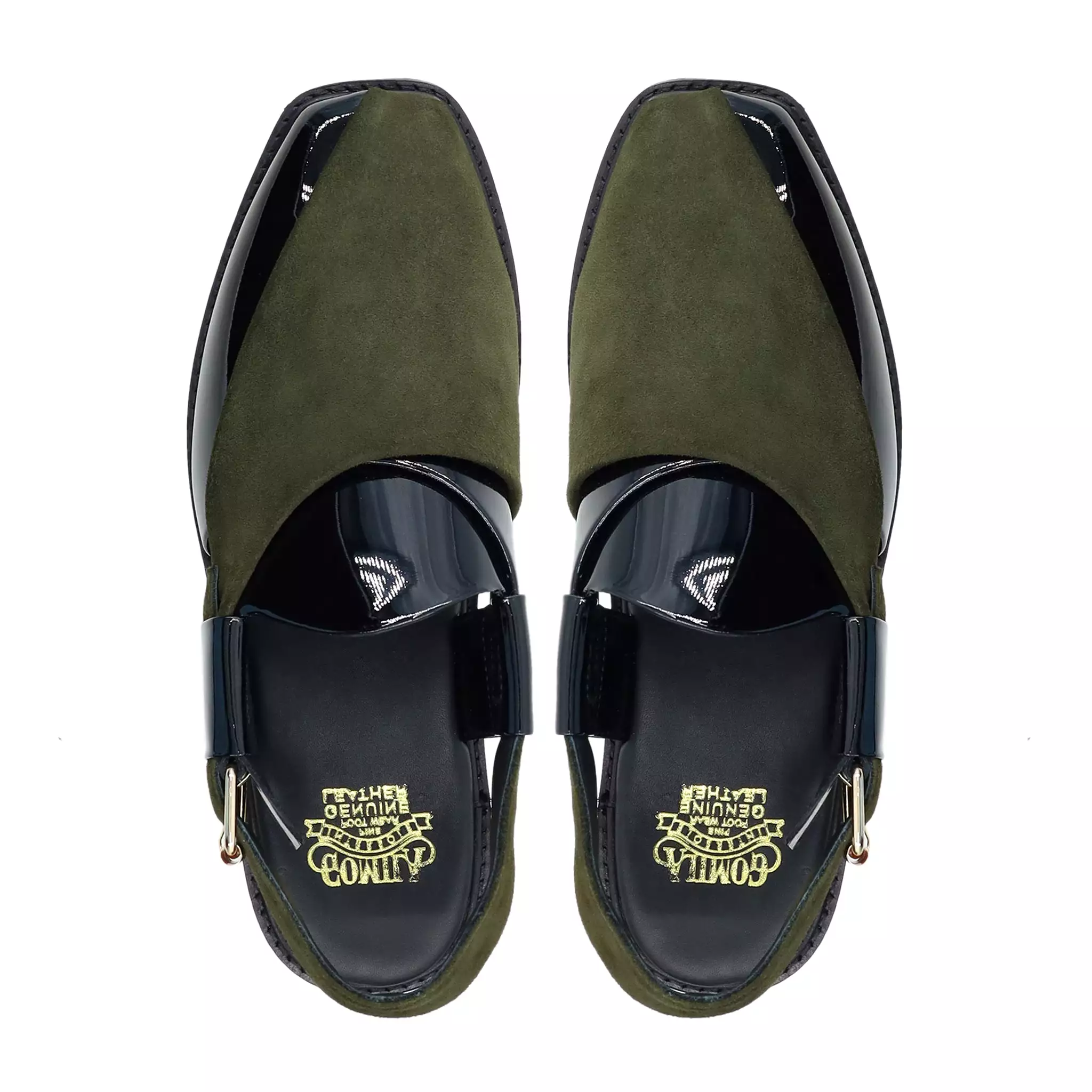 Hassium - Men's Black Patent And Olive Green Kid Suede Sandal