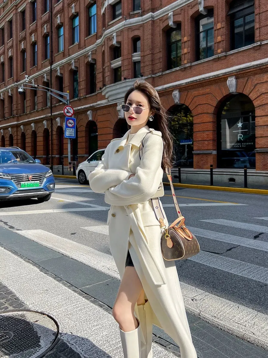 High-end white double-sided cashmere coat for women mid-length 2023 autumn and winter new style wide slimming woolen coat