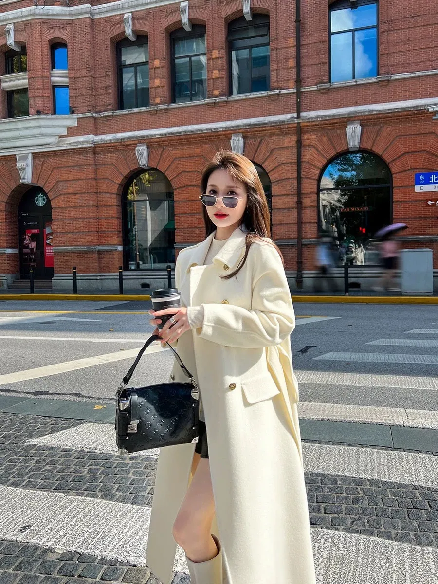 High-end white double-sided cashmere coat for women mid-length 2023 autumn and winter new style wide slimming woolen coat