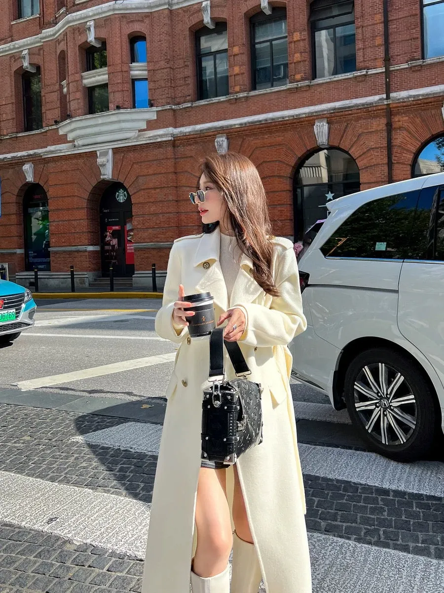 High-end white double-sided cashmere coat for women mid-length 2023 autumn and winter new style wide slimming woolen coat