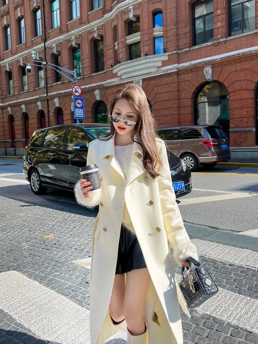 High-end white double-sided cashmere coat for women mid-length 2023 autumn and winter new style wide slimming woolen coat