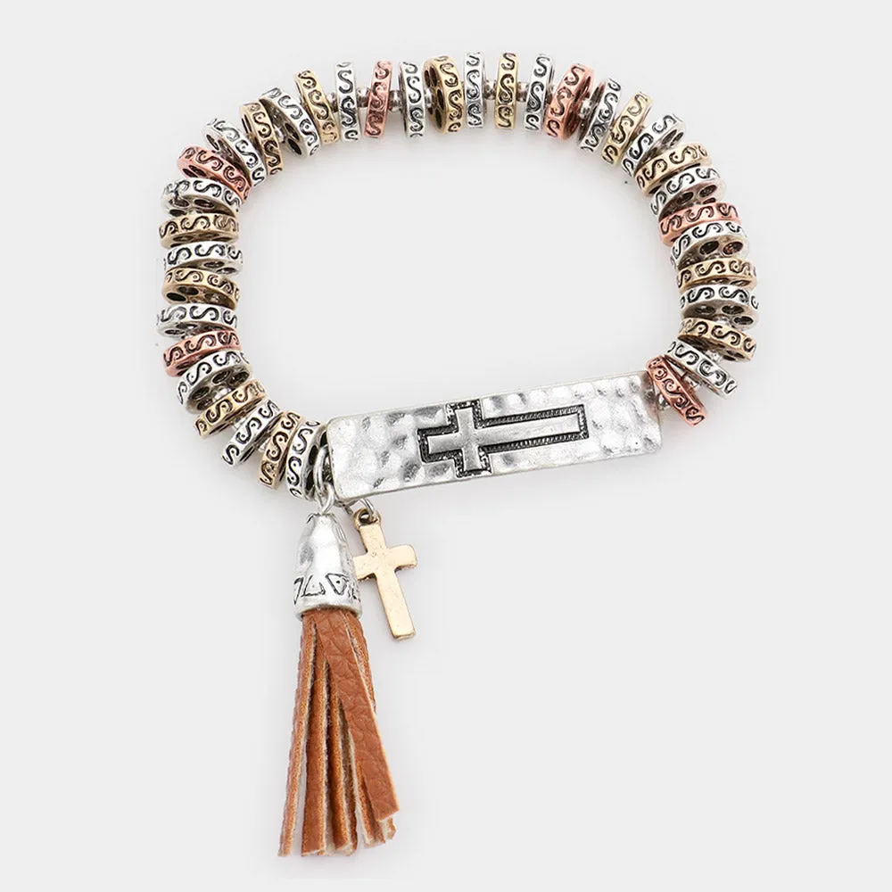 iLLASPARKZ Embossed Cross Metal Bar Faux Leather Tassel Charm Stretch Bracelet